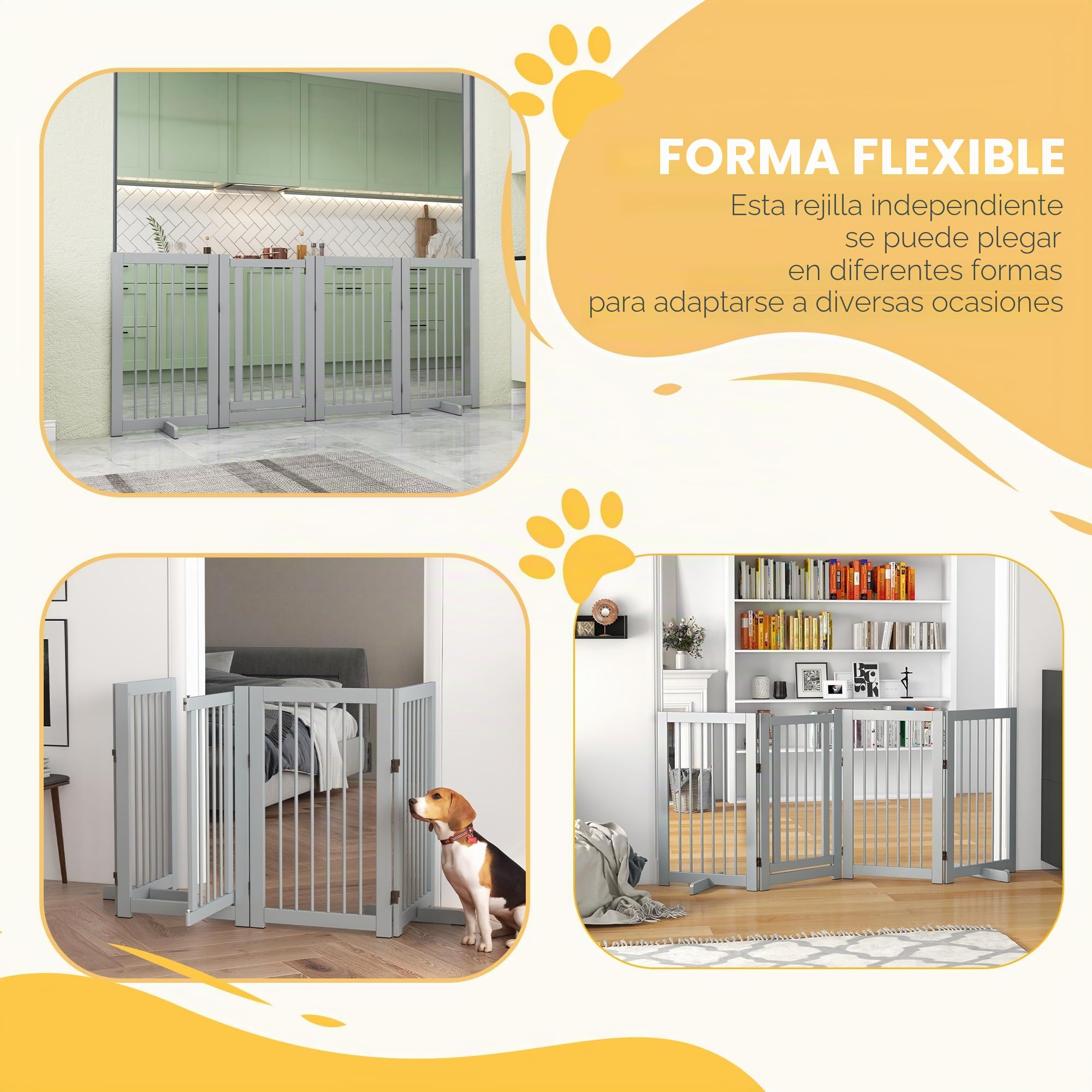 PawHut Barrera para Perros de 4 Piezas, 220 x 91 cm Puerta de Seguridad Plegable con Puerta, Puerta para Perros Independiente con 2 Patas de Apoyo, Puerta de Madera para Pasillo, Cocina, escaleras,