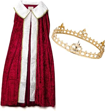 Sunnywood Kings Cape and Crown Set, Red Royal Cloak with Gold Fleur de Lis Crown for Mens King Costume