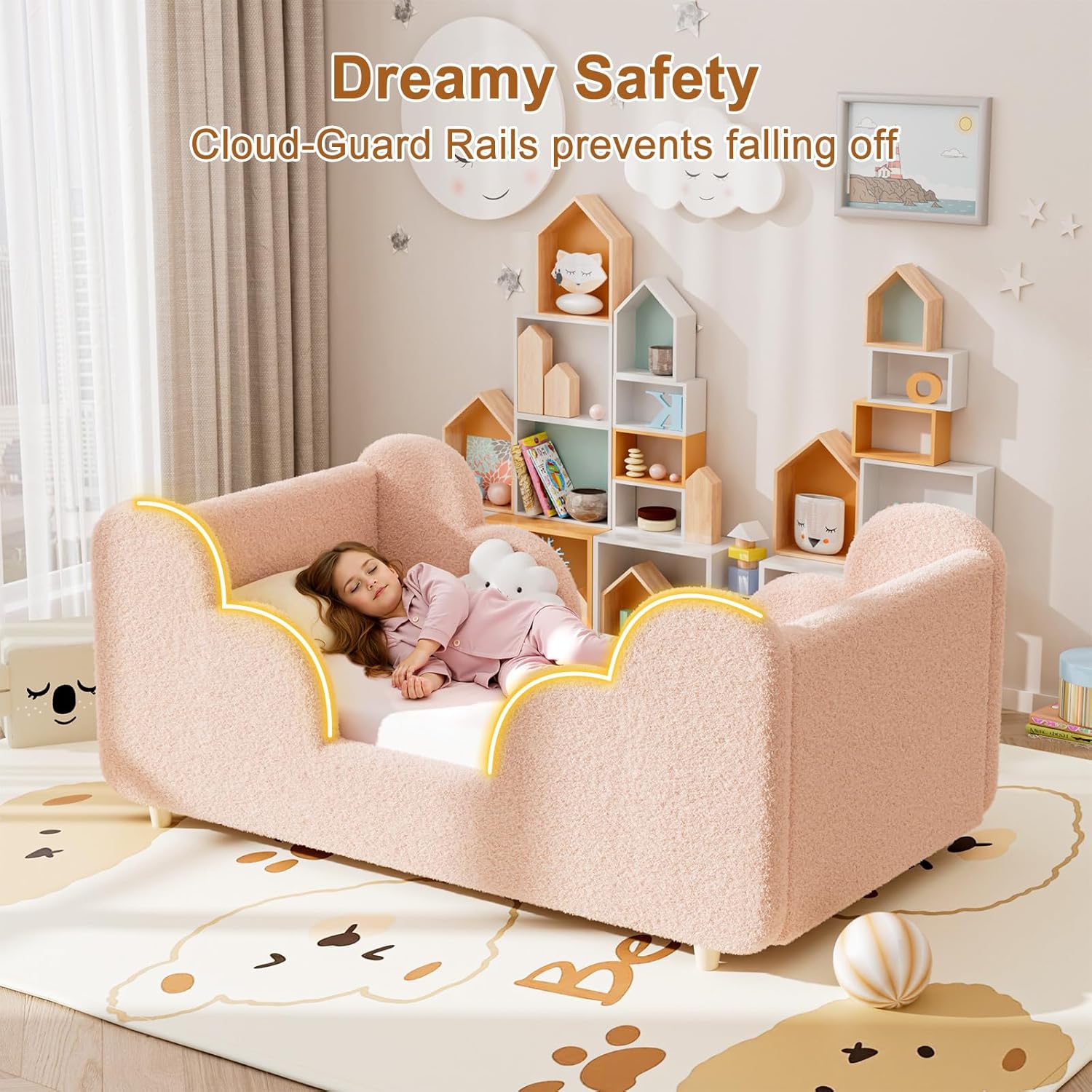 Toddler Bed, Toddler Floor Bed Upholstered, Low Profile Kids Beds with Extra Safety Guardrails, Toddler Bed Frame with Wood Slats, Standard Crib Size for for Girls Boys Children, Crib Size/Pink