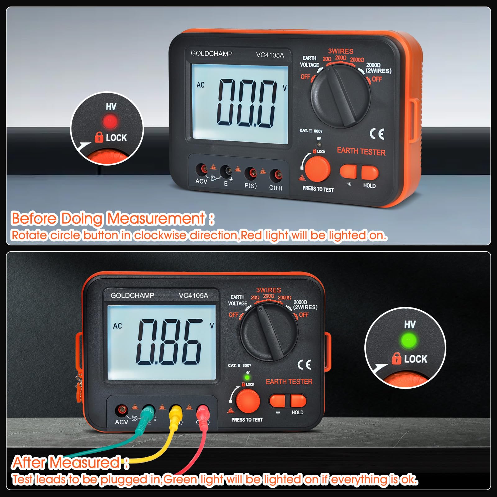 Isolationswiderstandsmessgerät 200 Ω/2000 Ω/20000 Ω, 200 V Wechselspannung, Überlastschutz, hintergrundbeleuchtetes LCD-Display mit 1999 Stellen, Batteriestandsanzeige, Erdungswiderstandsmessgerät