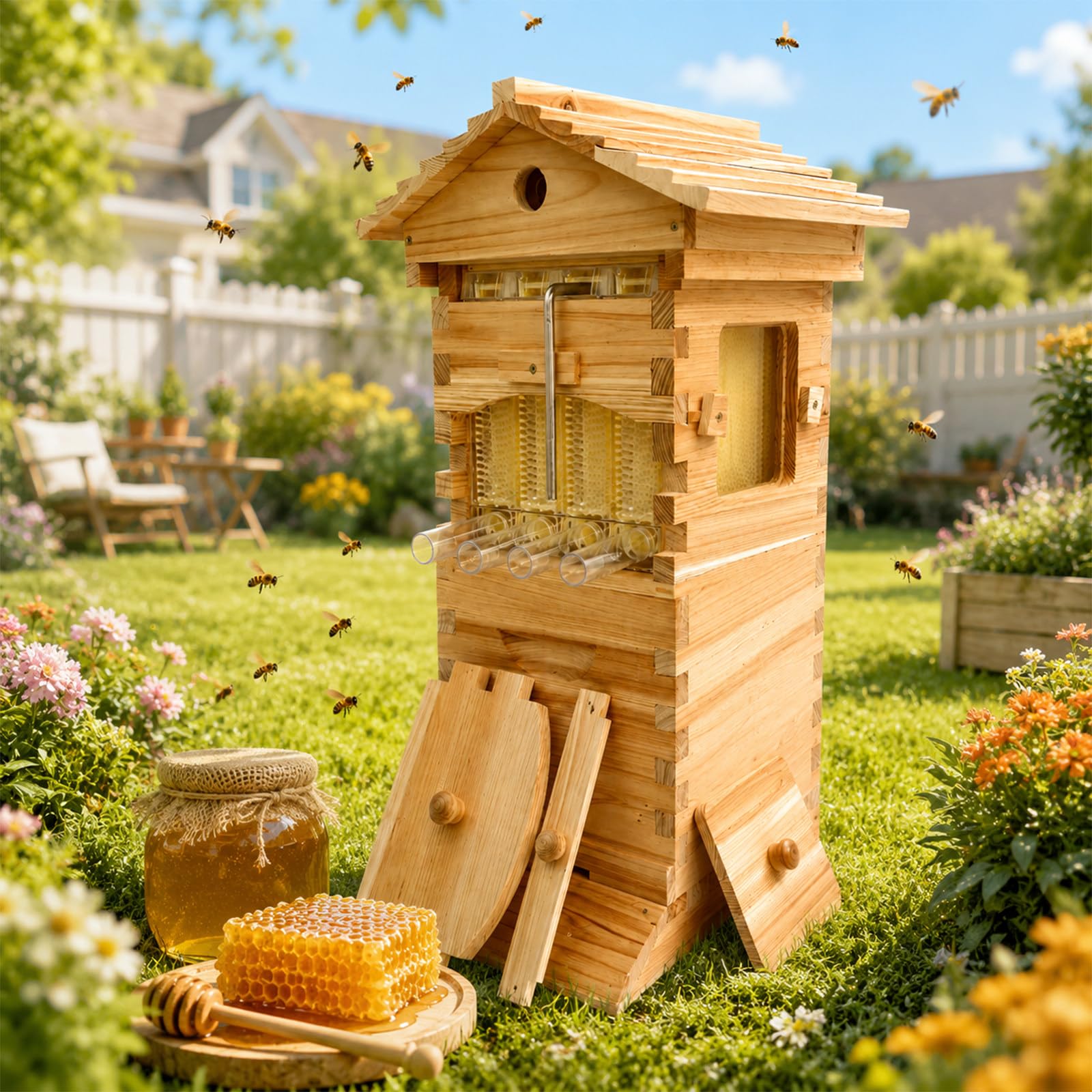 XEEAOFE Flow Hive & Bee Box Starter Kit, Self Harvesting Wooden Beehive with 4 Flow Frames, Observation Window, for Backyard Beekeeping & Pollinators