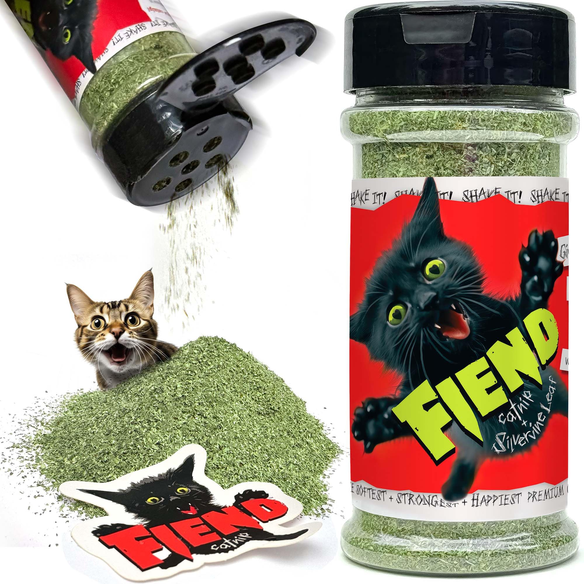 Fiend Catnip + Silvervine for Cats & Kittens Hands-Free Shaker – Safety-Cut Premium Fine Cat Nip Blend with Vegan Silver Vine + Sticker – Ultra Potent, North American 1 Cup (34.5g) Create a Monster!