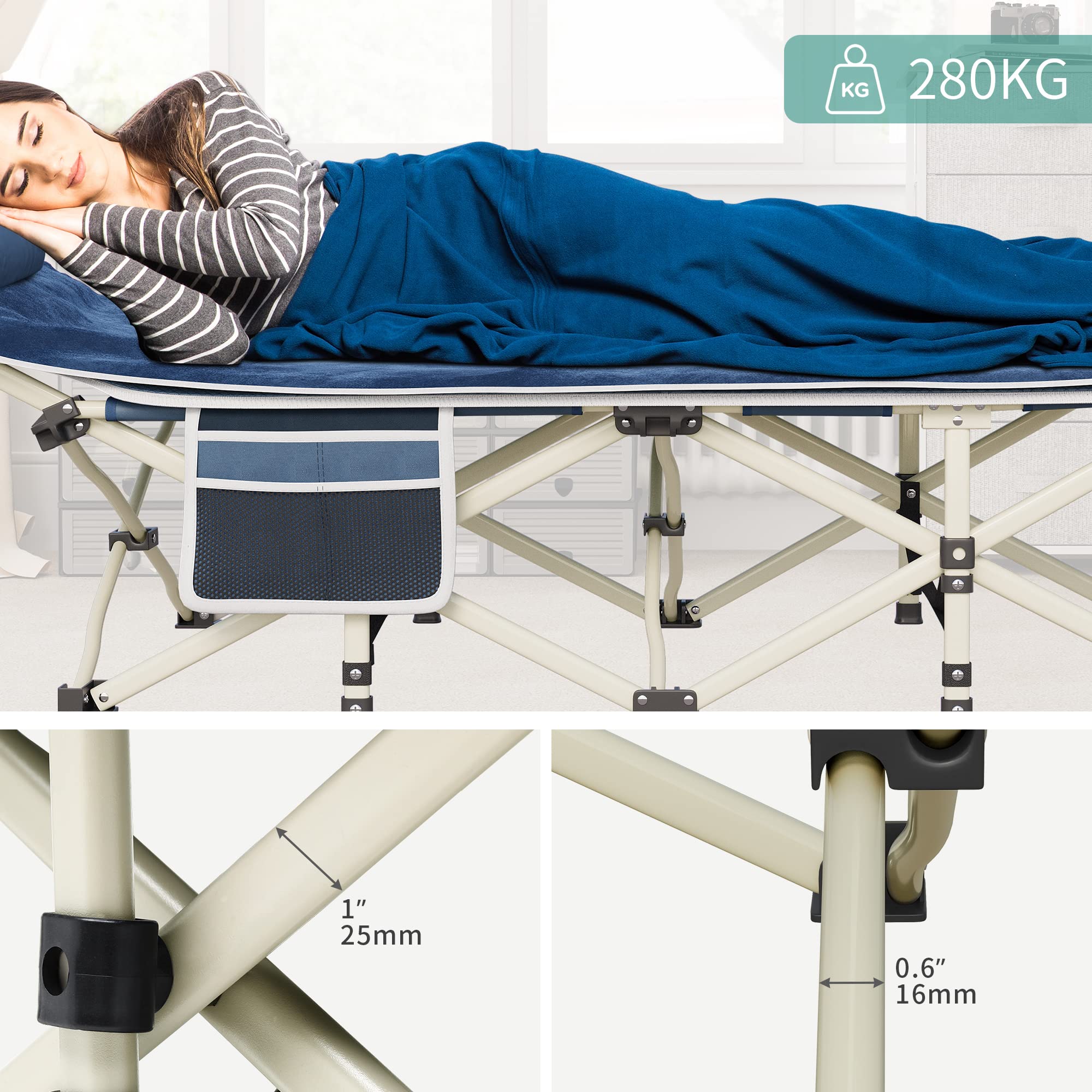 YITAHOME Letti da Campeggio Pieghevoli per Adulti, Robusta Lettino da Campeggio con Materasso, Lettino per Dormire con Tubi più Spessi per Ufficio da Viaggio all'Aperto, Blu