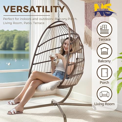 Miniatura 45 de NICESOUL Silla colgante con soporte para interiores y exteriores, cómodas sillas hamaca de ratán para patio con cojín, capacidad de 350 libras