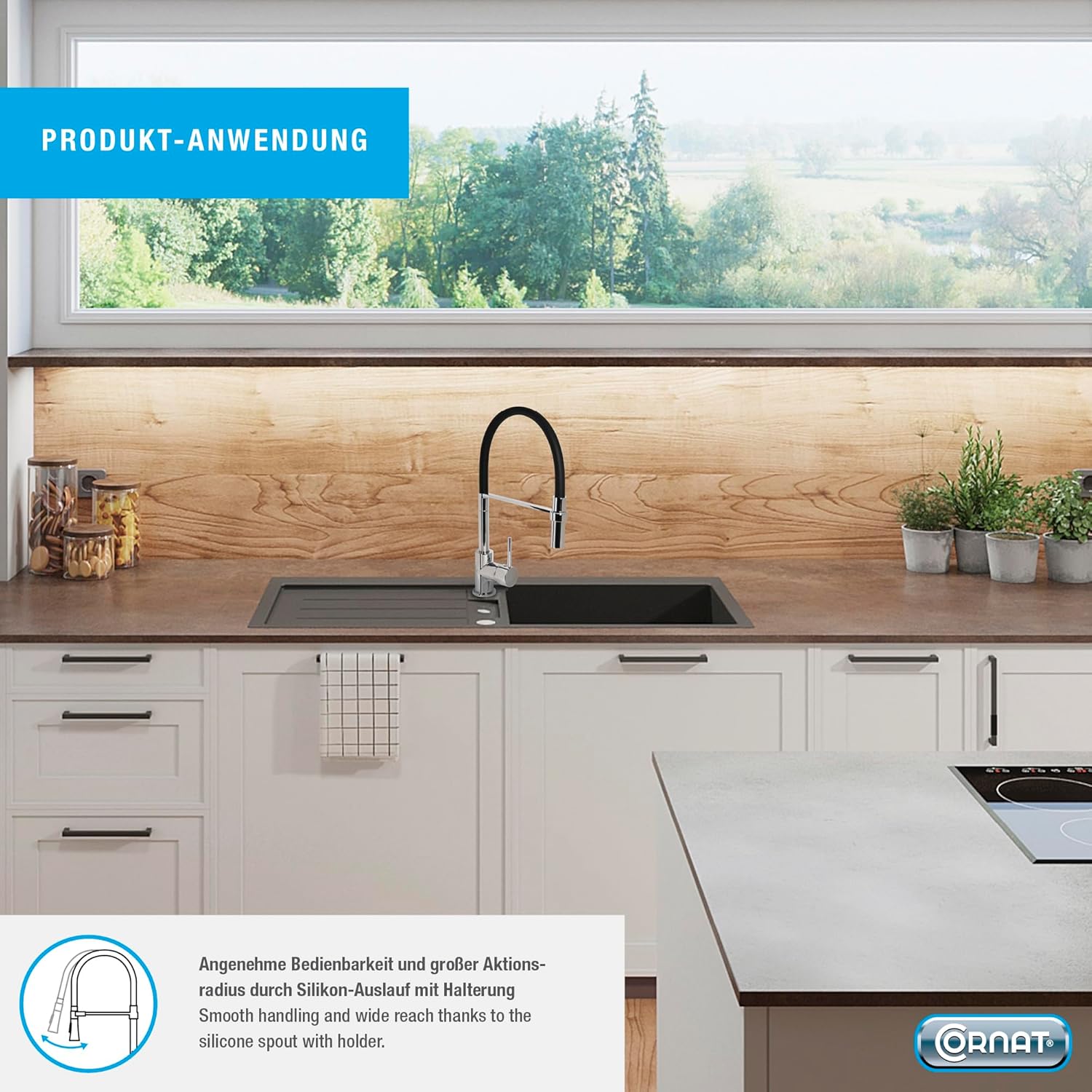 Kitchen faucet with flexible silicone spout and holder