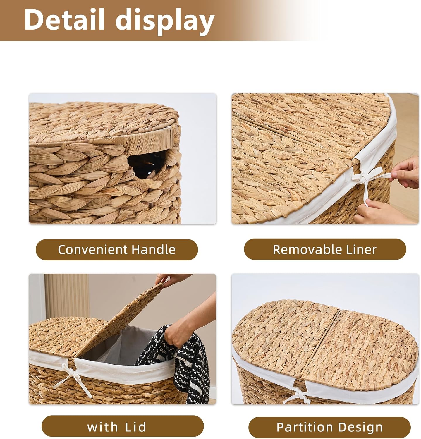 Laundry Hamper with Lid, Handwoven Water Hyacinth Clothes Hamper with Removable Liner Bags, 2 Section Wicker Laundry Basket for Bedroom, Laundry Room and Bathroom(Natural,70L)