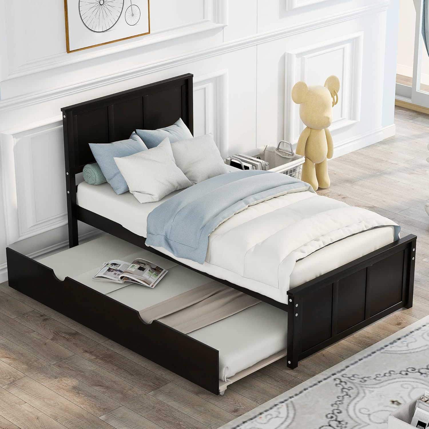 Harper & Bright Designs Twin Bed Frame with Trundle, Platform Bed with Headboard and Footboard, Wooden Twin Bed Frame for Kids, Teens, Adults(Espresso)