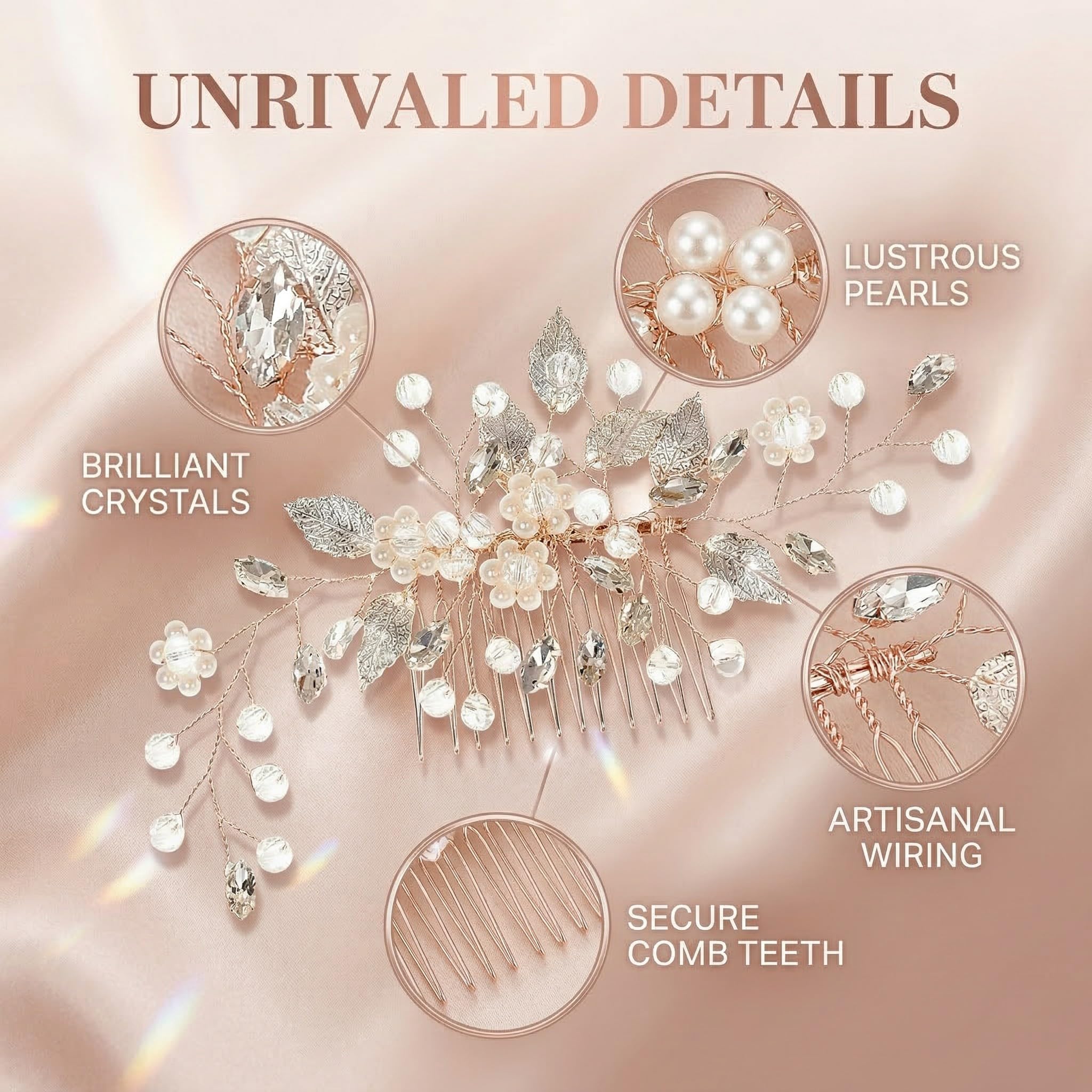 Tocados de Pelo Boda Novia, Oro Rosa Peinetas para el Pelo Flor, Perla Headpiece Nupcial Cristal Hoja Accesorios para el Cabello, Accesorios Pelo para Mujeres y Niñas