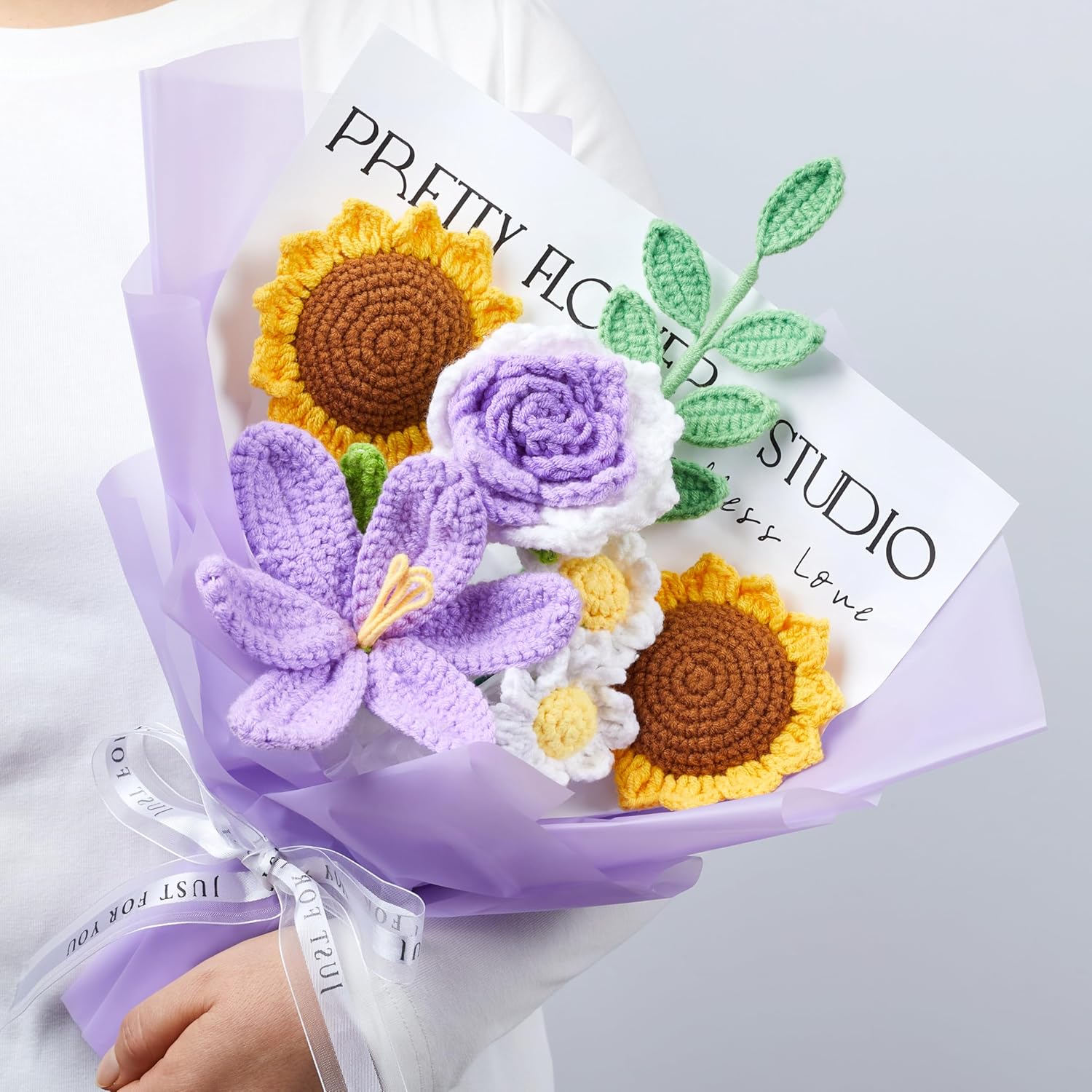 LAIDANLA Crochet Flower Bouquet Purple Sunflower Tulip Roses Bouquet for Her, Crocheted Flowers Bouquets Graduation Appreciation Anniversary Birthday Gifts for Women Teacher Mom Girlfriend