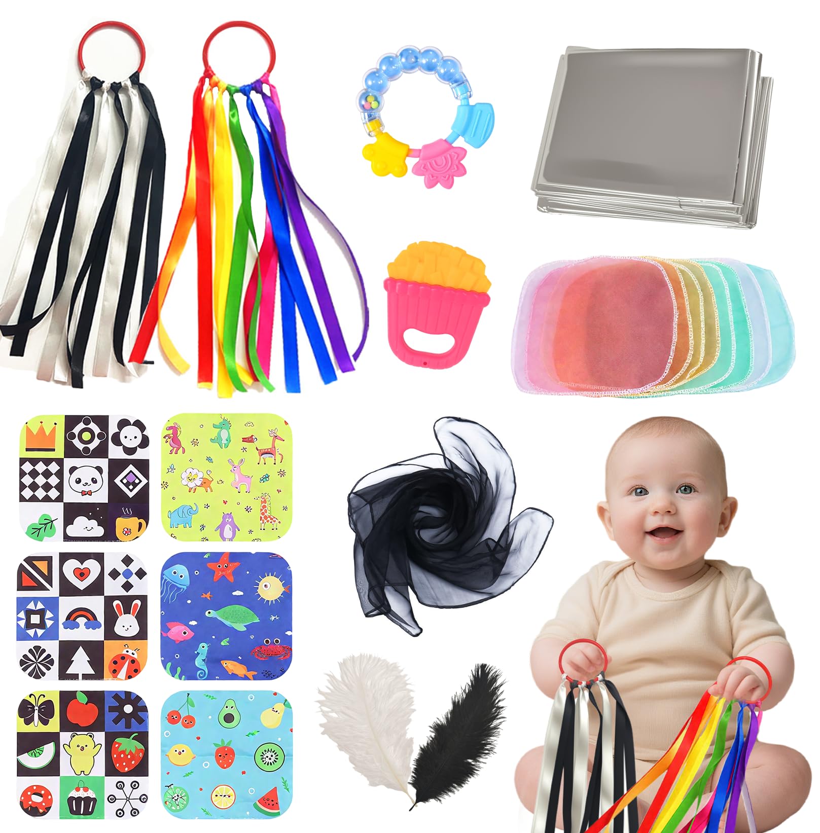 19Pcs Baby Sensory Toy Set, Baby Sensory Foil Blanket Baby Themed Crepe Paper Silk Scarf Ribbon Rattle Chew Toys Teether Feathers,for Babies 0 3 6 9 12 Months, Sensory Toy for Autism ADHD & Newborn
