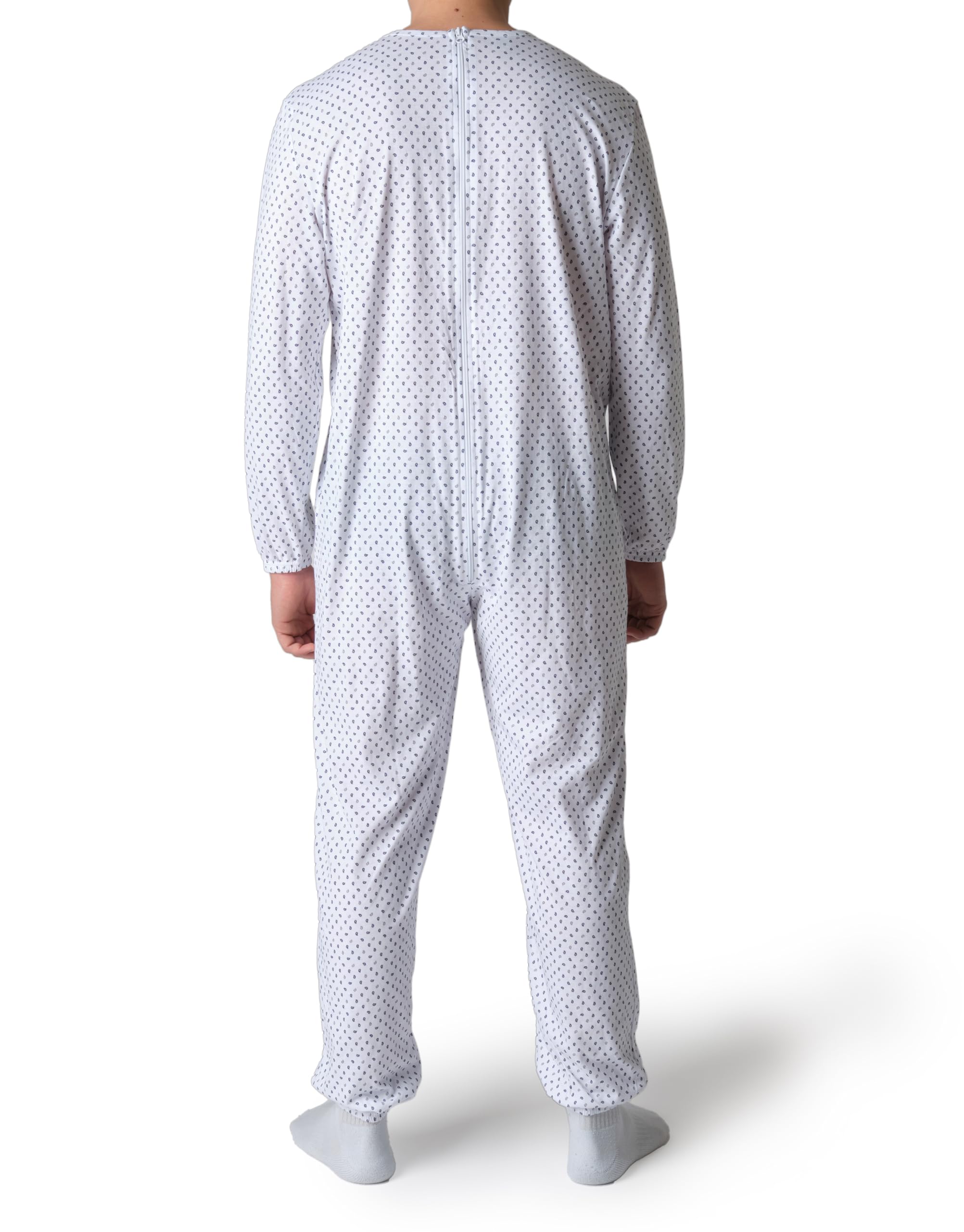 Pyjama sanitaire pour personnes âgées en coton d'été avec fermeture éclair arrière - Tuton pour personnes âgées avec Alzheimer ou Incontinence Made Italy - paisley bleu et gris