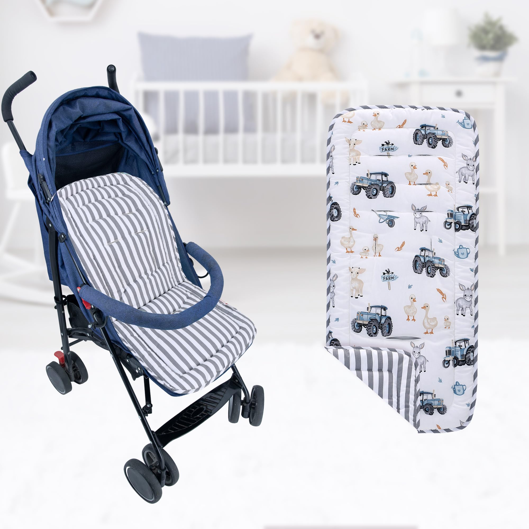 Baby Pushchair Seat Liners,Pram Liner Universal Fit for Most Pushchairs,100% Cotton Double-Sided Baby Stroller Cushion Pad,Stroller Seat Cover for Toddler Infant 1 Pack,78x34cm(Truck+Gray Stripes) - Image 4