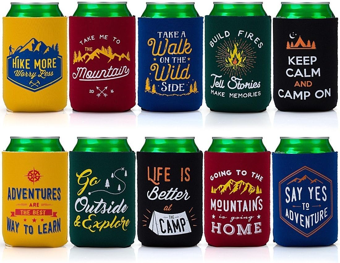 Avery Barn 10pc Mixed Design Camp Theme Neoprene Zipper Sleeve Insulated Beer Can Covers - Set 1: Great Outdoors