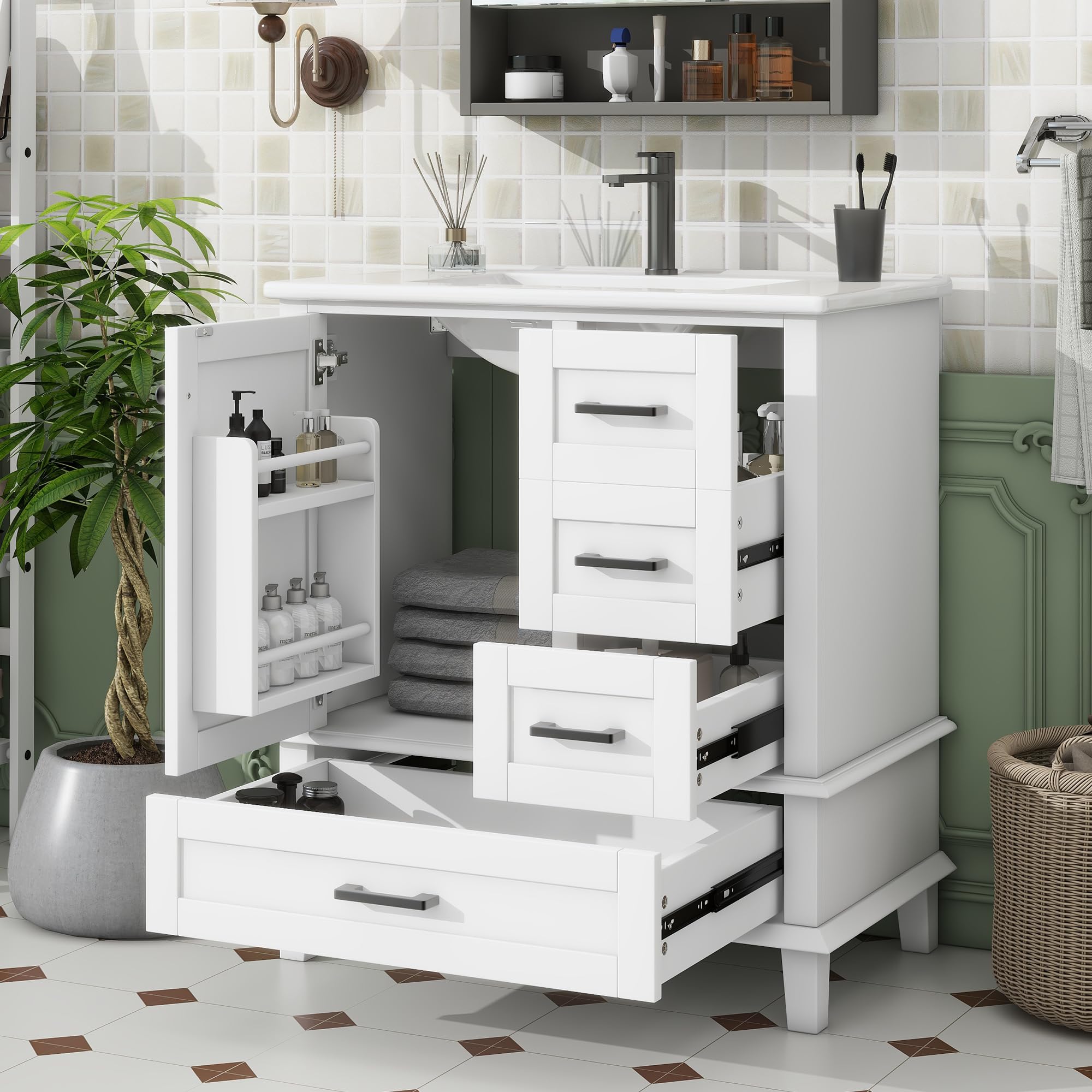 76 x 46 x 83,5 cm. Armario de baño de pie con lavabo, lavabo, lacado completo, estantería para puerta, tres cajones silenciosos, lavabo de cerámica integrado, blanco (blanco)