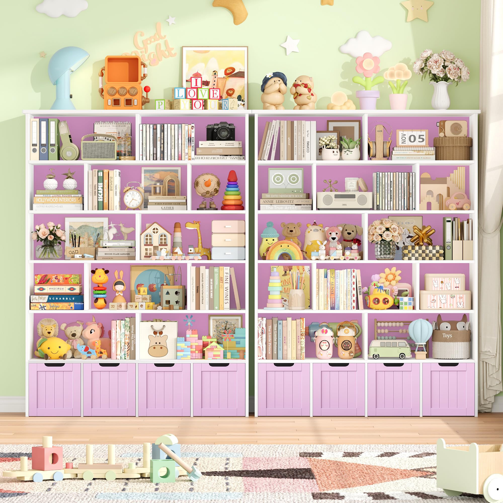 FOREHILL Kinderregal 6 Ebenen, Kinderzimmer Möbel, Bücherregal für Kinder | Kinderschrank mit Boxen auf Rollen, Spielzeug Aufbewahrung für Kinderzimmer, Kindergarten, Leseecke 175x33x125,5cm Flieder