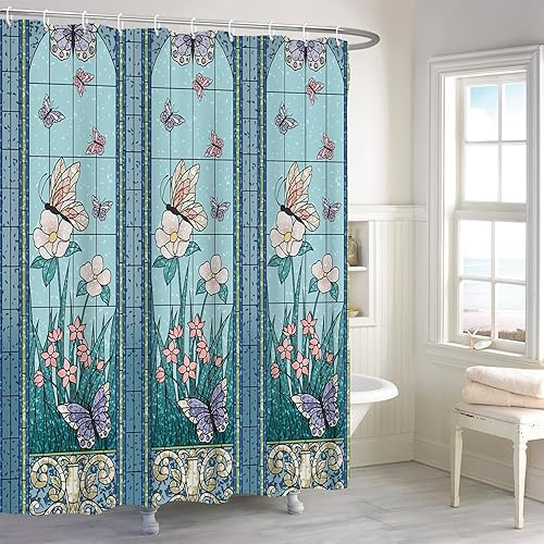 Cortina de ducha de jardín azul, juego de cortina de ducha floral de mariposa colorida para baño, diseño moderno, cortina de baño de tela con