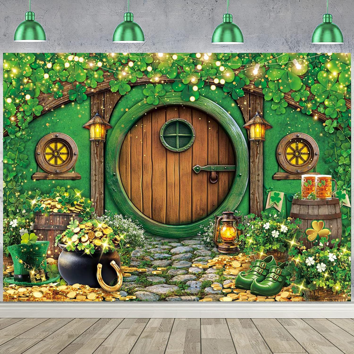 Happy St. Patrick's Day Backdrop Wooden House Saint Patricks Day Photoshoot Background Glitter Lucky Irish Shamrock Gold Coins St Patricks Day Party Decor Banner Booth Props (7x5FT(82 x 59 inch))