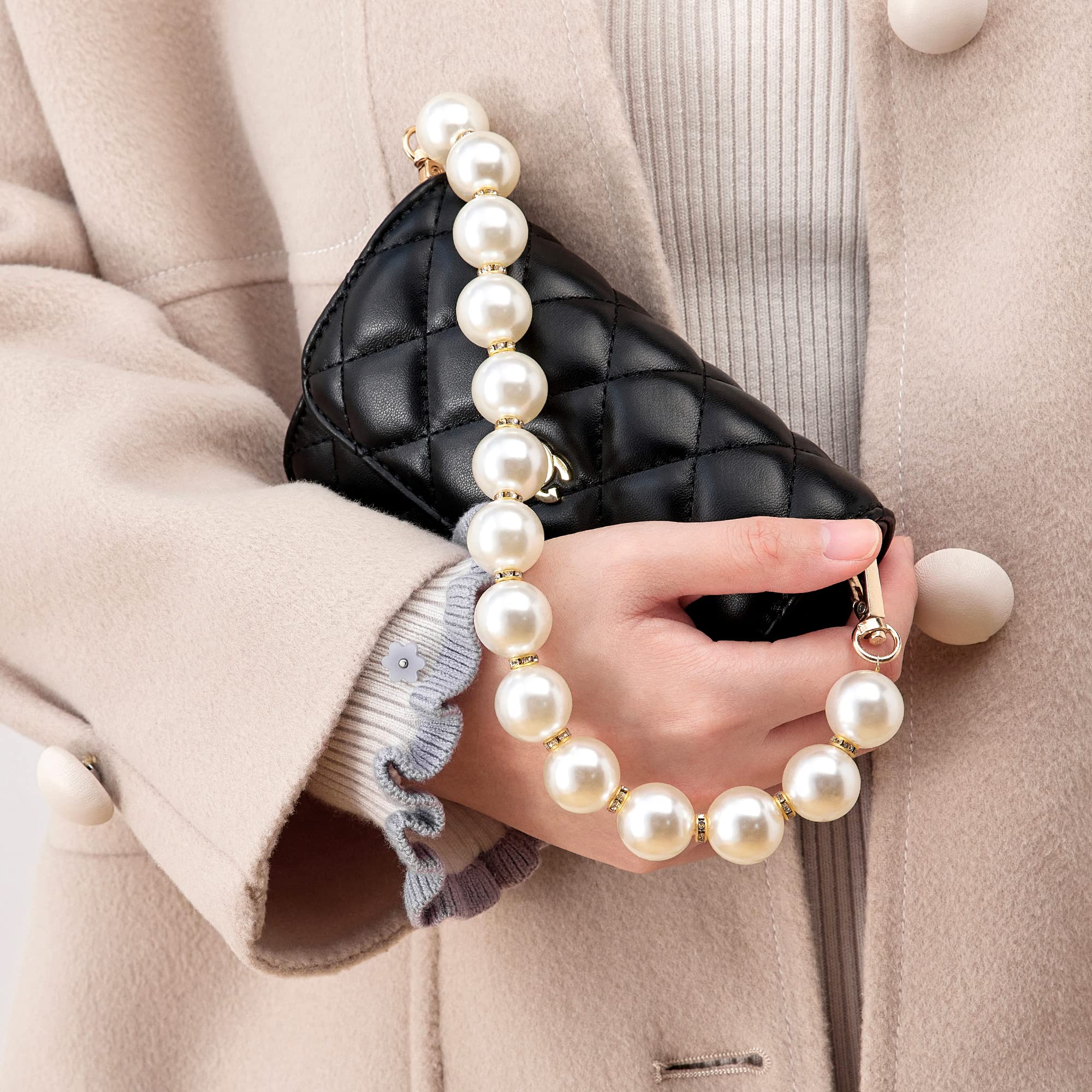 Grandxii Pearls Beads Handle Bracelet Short Handbag Wallet Clutch Purses For Women Chain Replacement Straps With Lady Buckle Bag Accessories (Off White With Gold Clasp)