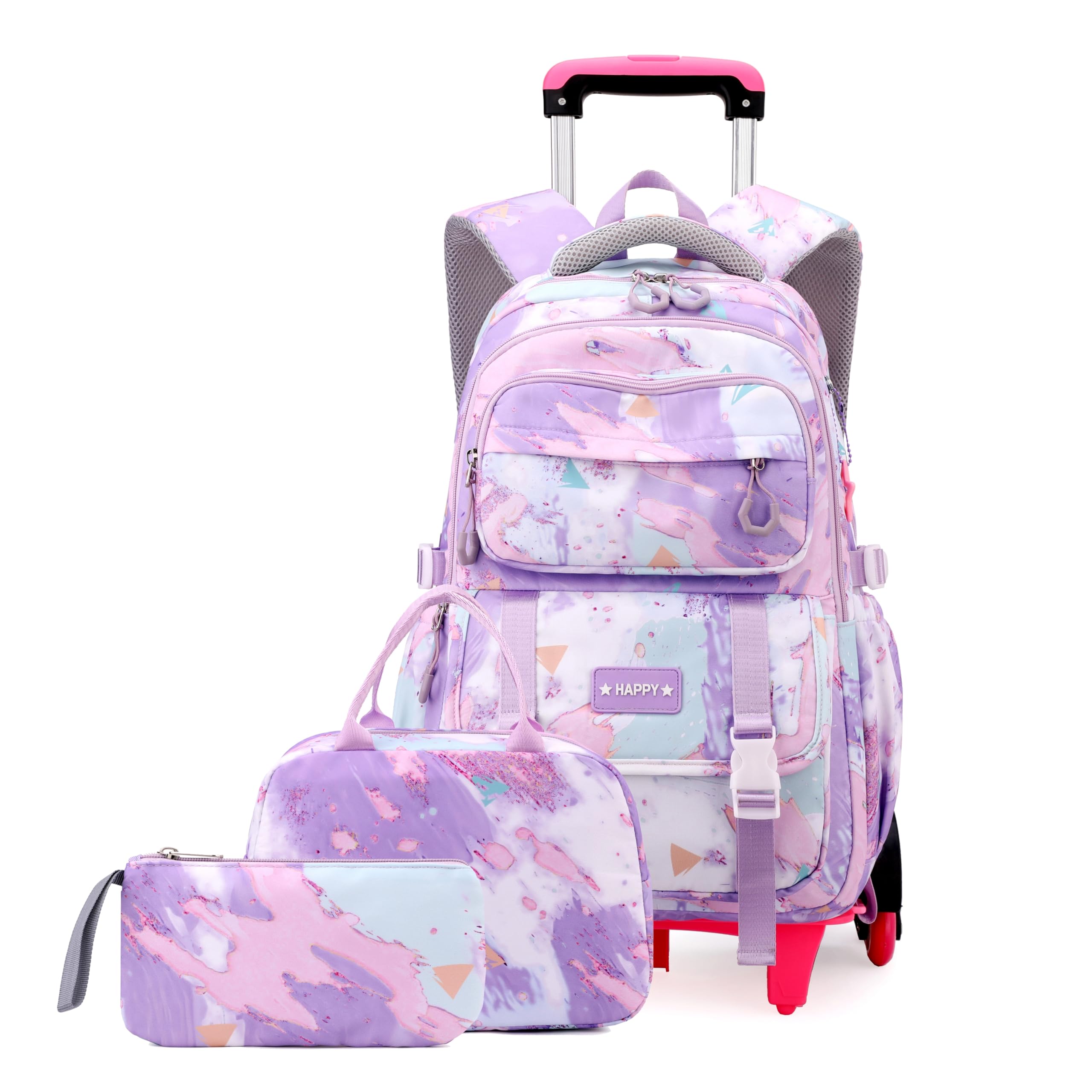 EKUIZAI Girls Trolley Backpack Set Cute Colorful Girls Rolling Backpack Middle School Trolley Schoolbag with Wheels