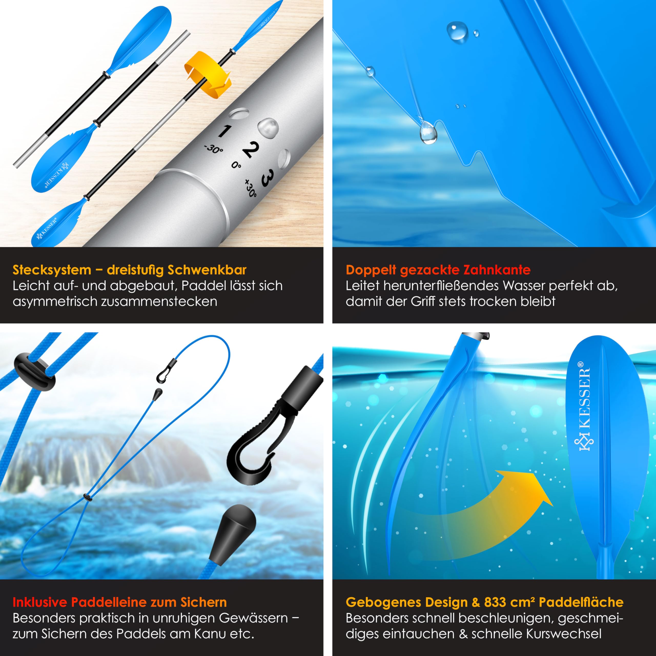 KESSER® Paddle Doppelpaddel - 4-teilig für Kayak SUP Stand-Up Paddling Board Stechpaddel, 228cm Aluminum Perfekt für Schlauchboot, Stand Up Paddel Inkl. Sicherheitsschnur, Handyhülle, Surfboard Boot