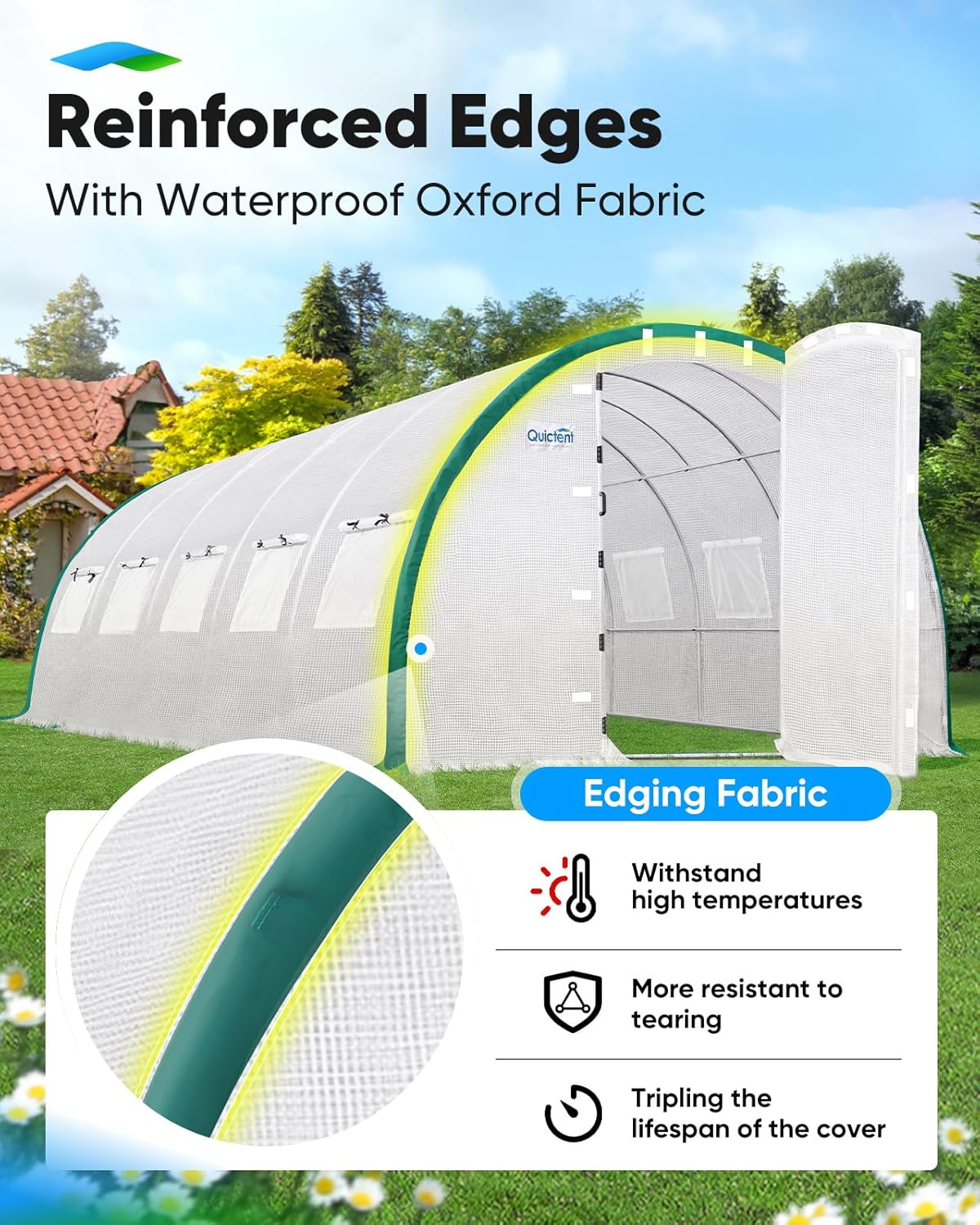 Close-up image of the reinforced edges of the Quictent greenhouse cover, made with waterproof Oxford fabric, indicating resistance to high temperatures and tearing.