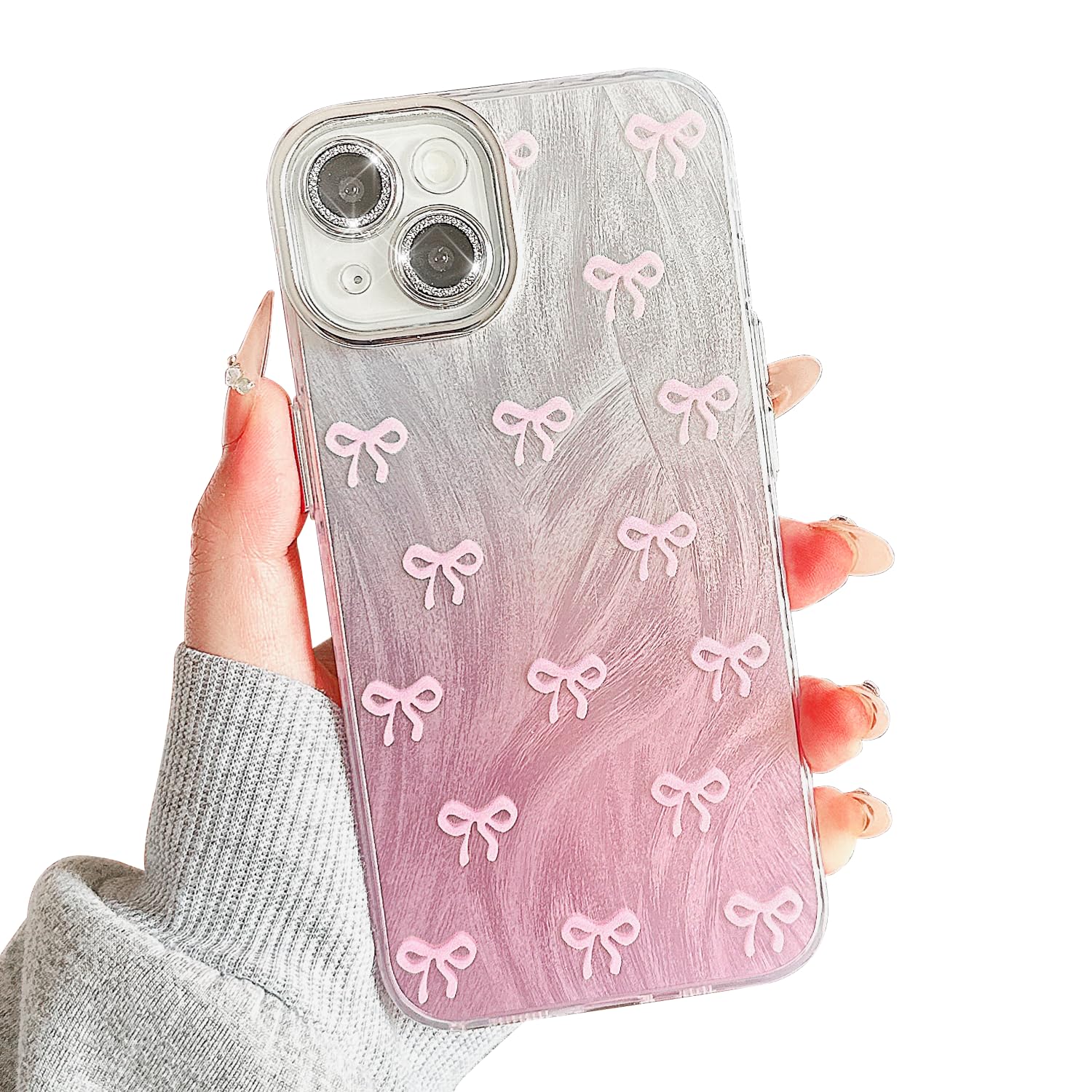 INJPCUCA Case for iPhone 13/14, Cute Ribbon Bowknot Pattern Aesthetic Phone Case for Women Girls Bow Bling Camera Lens Protection Slim Durable TPU