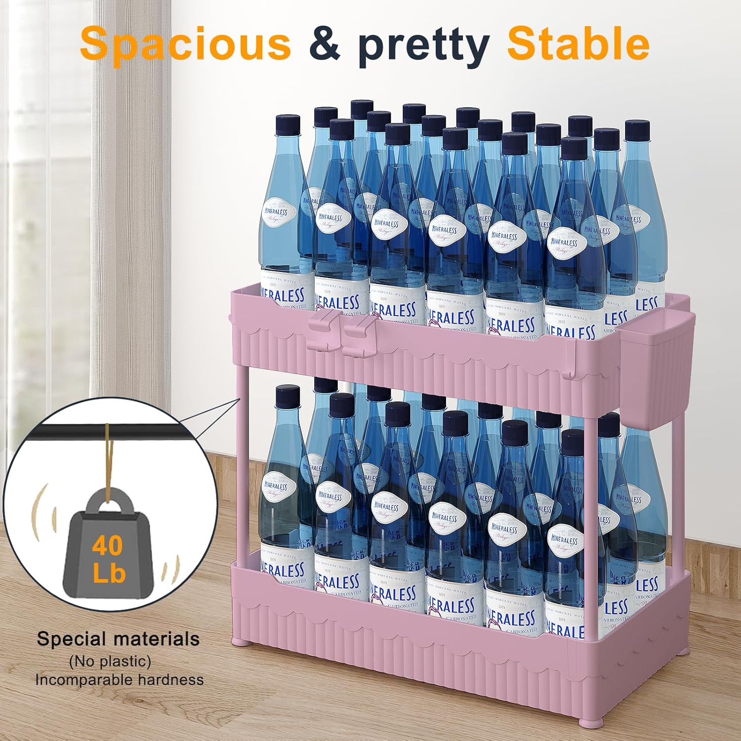 2 Pack Under Sink Organizer, Under Bathroom Cabinet Organizer with Hooks Hanging Cup, Multi-Purpose Storage Shelf for Kitchen Bathroom (Pink, L) - Image 3