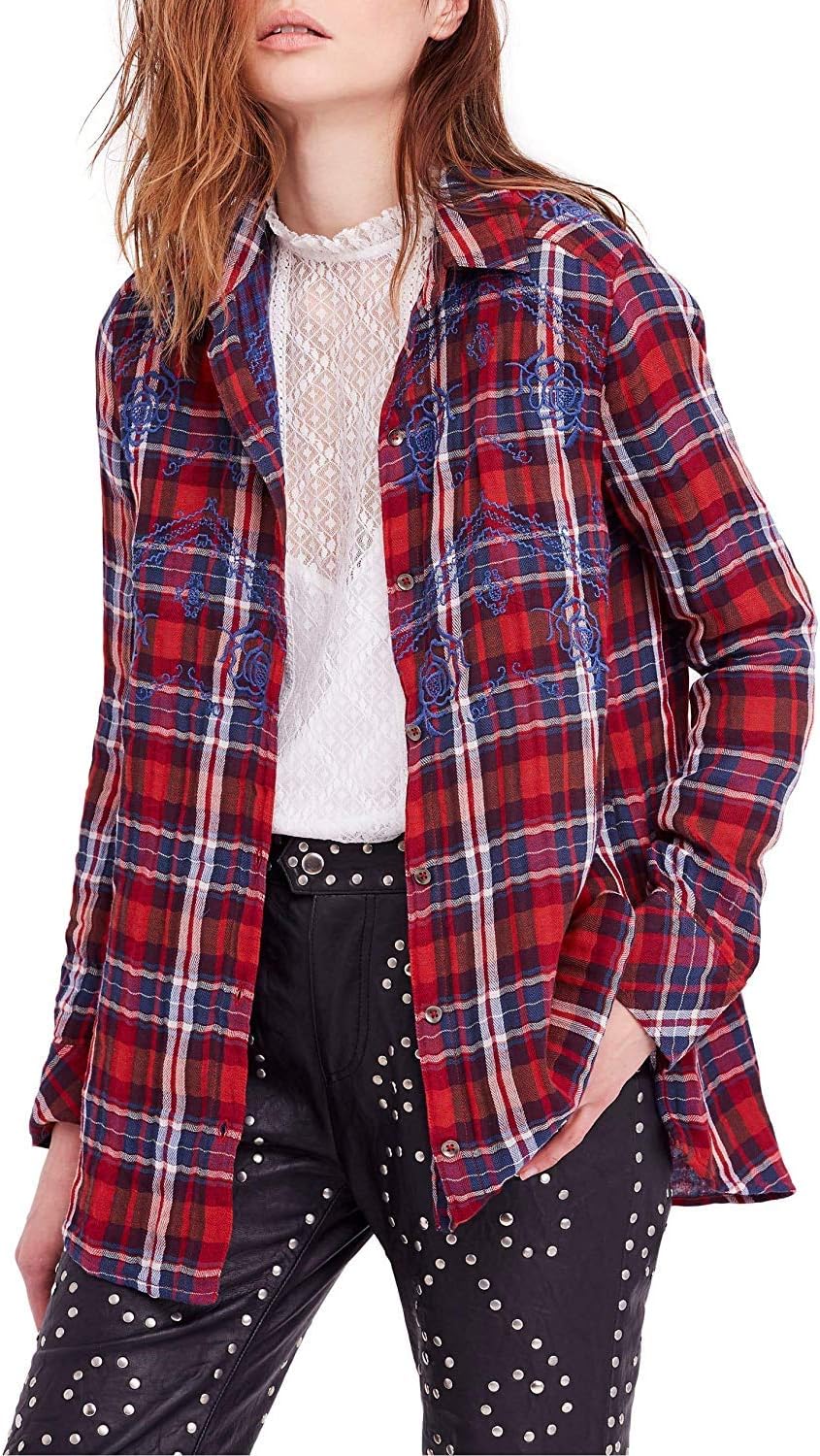 free people red plaid top
