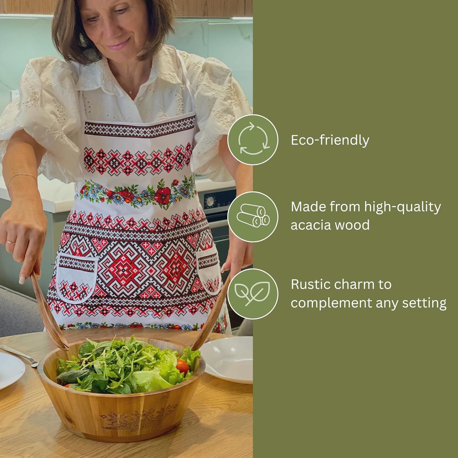 Large Wooden Salad Bowl Set, Eco-friendly Wooden Bowl, Handcrafted Acacia Wood Salad Bowl for Kitchen & Dining