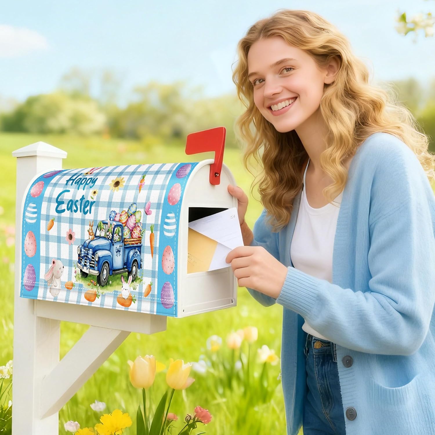 Easter Mailbox Covers Magnetic Standard Size, Happy Easter Blue Truck Bunny Egg Plaid Mailbox Wraps, Spring Farmhouse Outdoor Garden Yard Decor