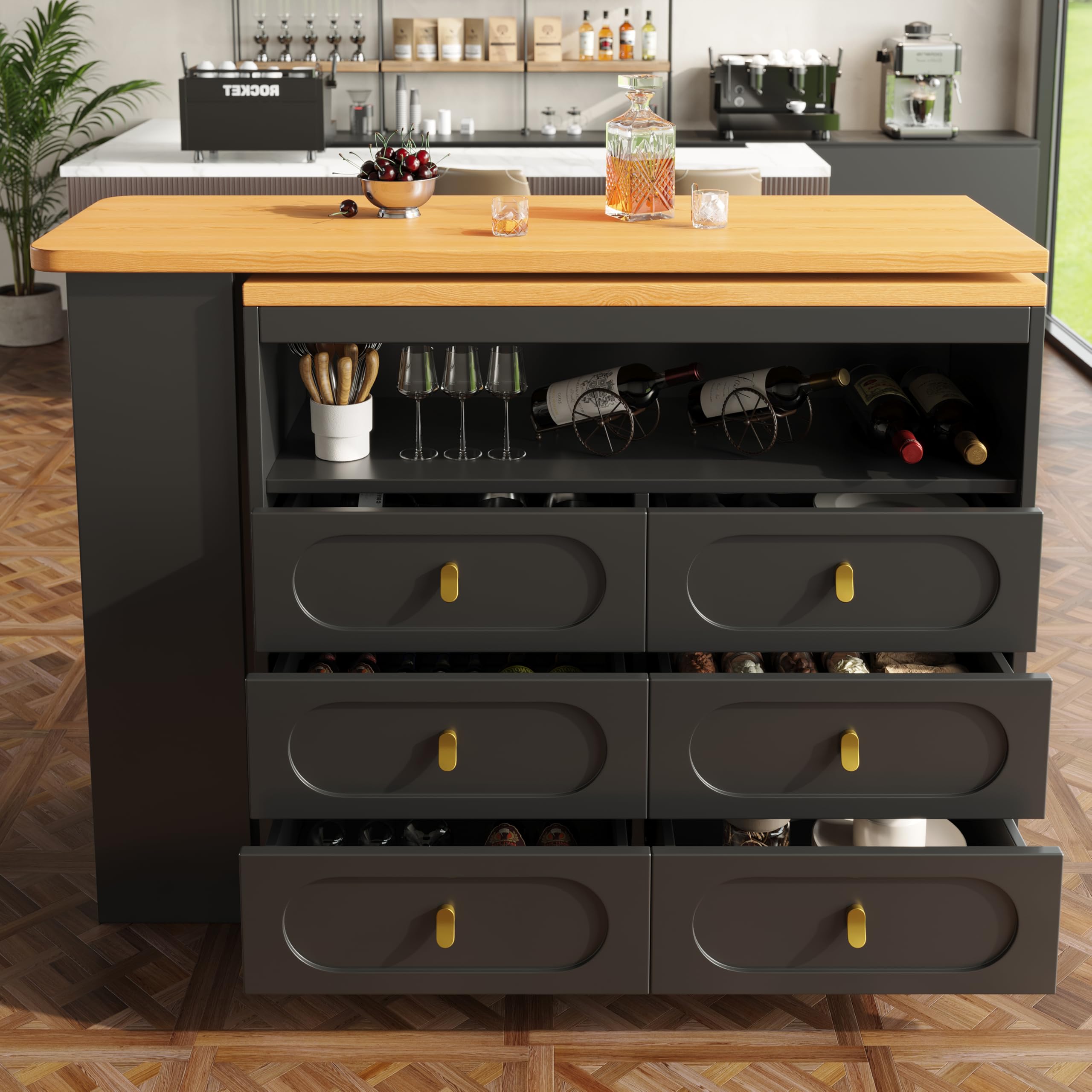 Tavolo da bar allungabile 90 x 140 cm, girevole a 360° e spazio di archiviazione, moderno tavolo da bar con cassetti, colore nero