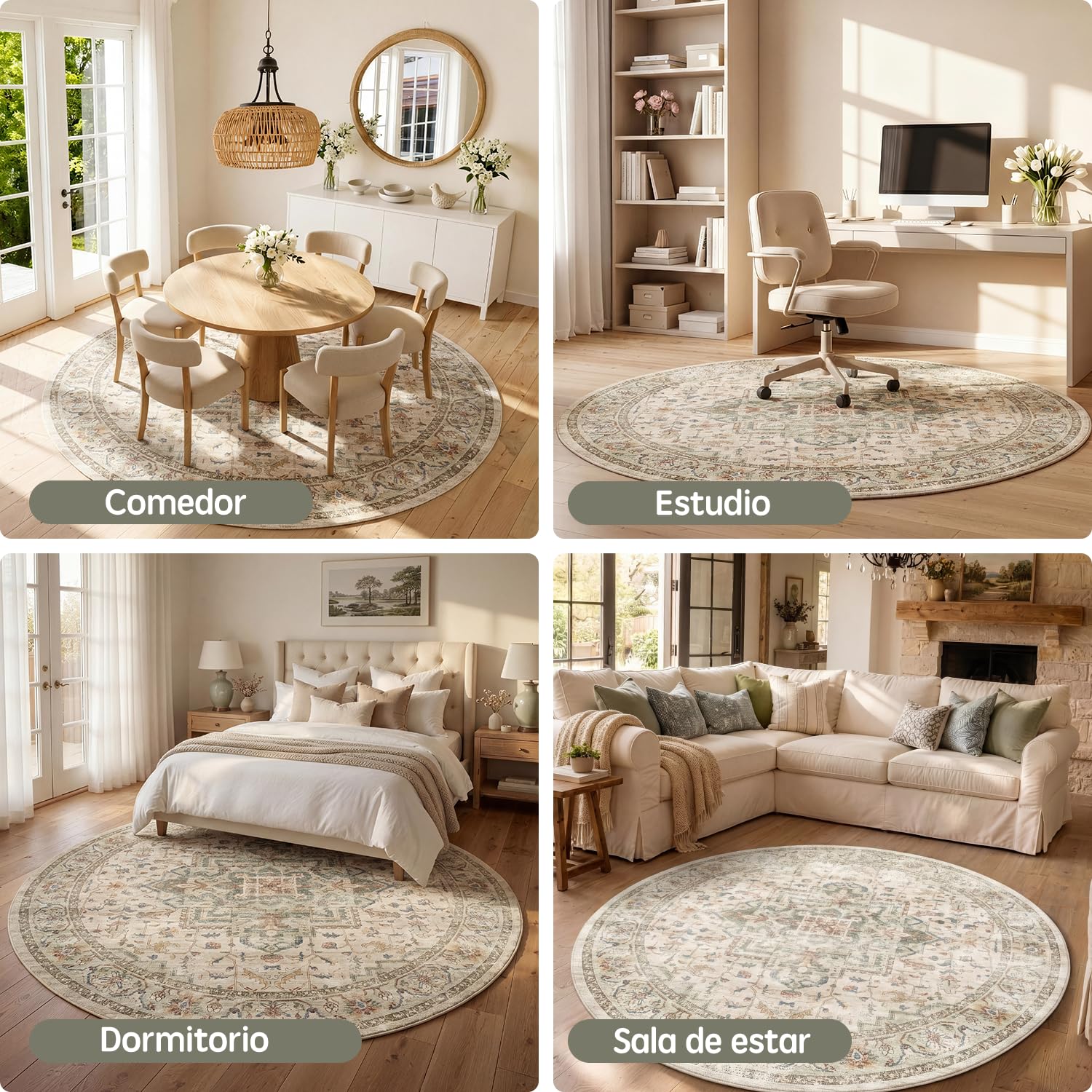 Alfombra Salon Vintage Verde Claro ⌀120 cm, Lavable a Máquina | Alfombras de Área con Base Antideslizante, Ideal para Cocina, Comedor y Estudio