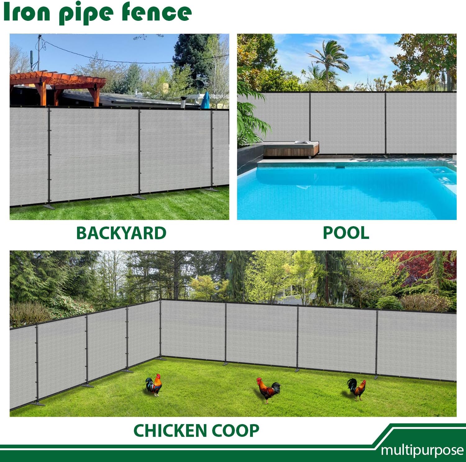 5'Hx12'W Outdoor Freestanding Privacy Screen Fence Panels with Iron Poles, Mesh Shade Net Cover Temporary Fencing for Patio Backyard Garden Deck, Light Gray
