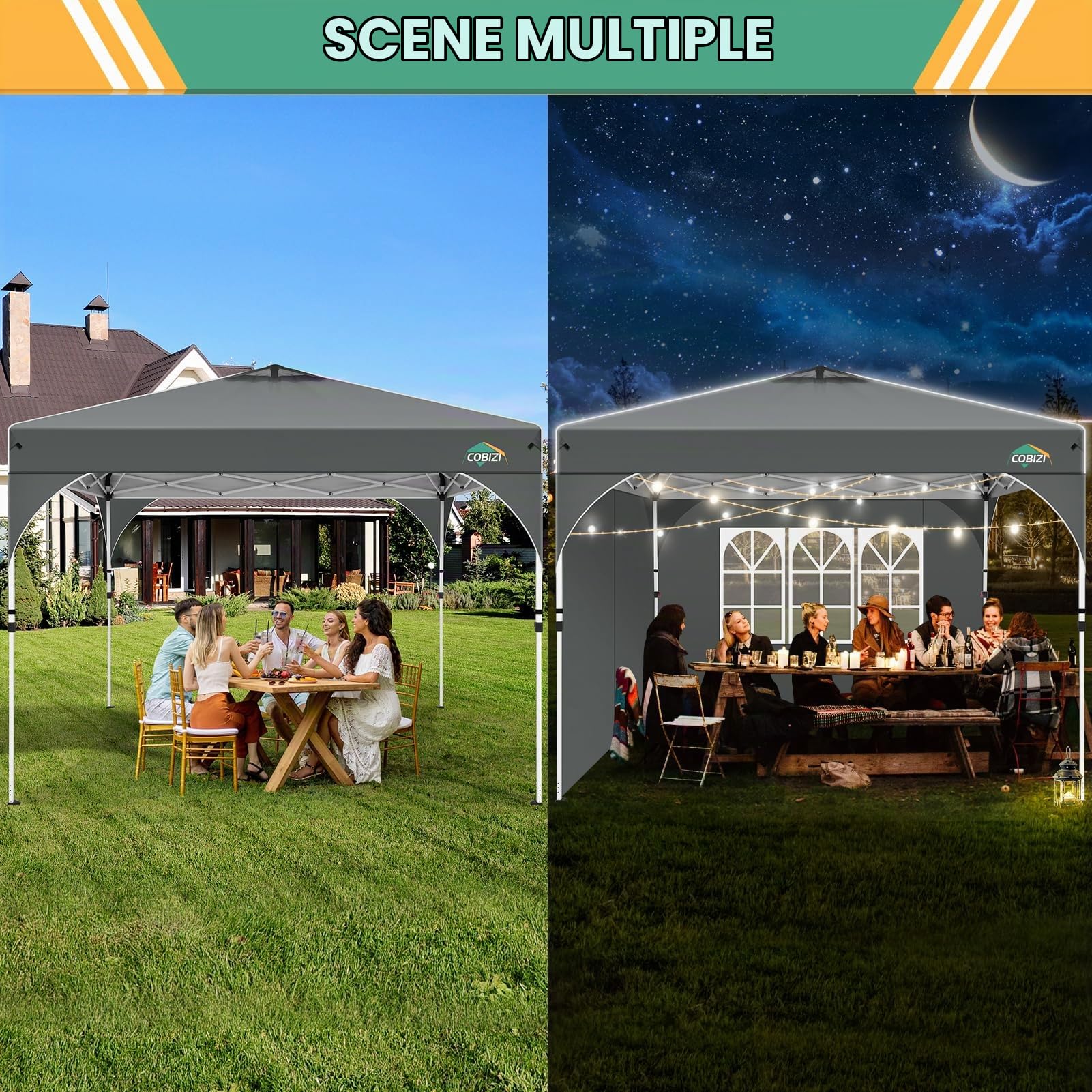 COBIZI Gazebo 3x3 Pieghevole Impermeabile | Gazebo Pieghevole Pop up Regolabile in altezza | Gazebo Campeggio con Prese d'aria, Tubi Fluorescenti e 4 Sacchi di Sabbia, UFP 50+, Grigio