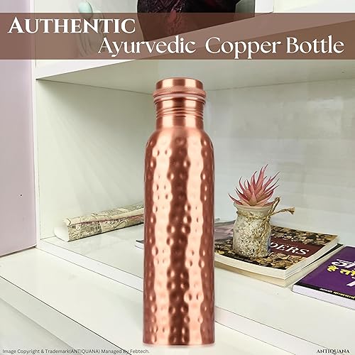 Miniatura 7 de Juego de botellas de agua de cobre puro de 34 onzas, diseño martillado a prueba de fugas con vaso, bolsa de transporte y acabado liso decorativo,