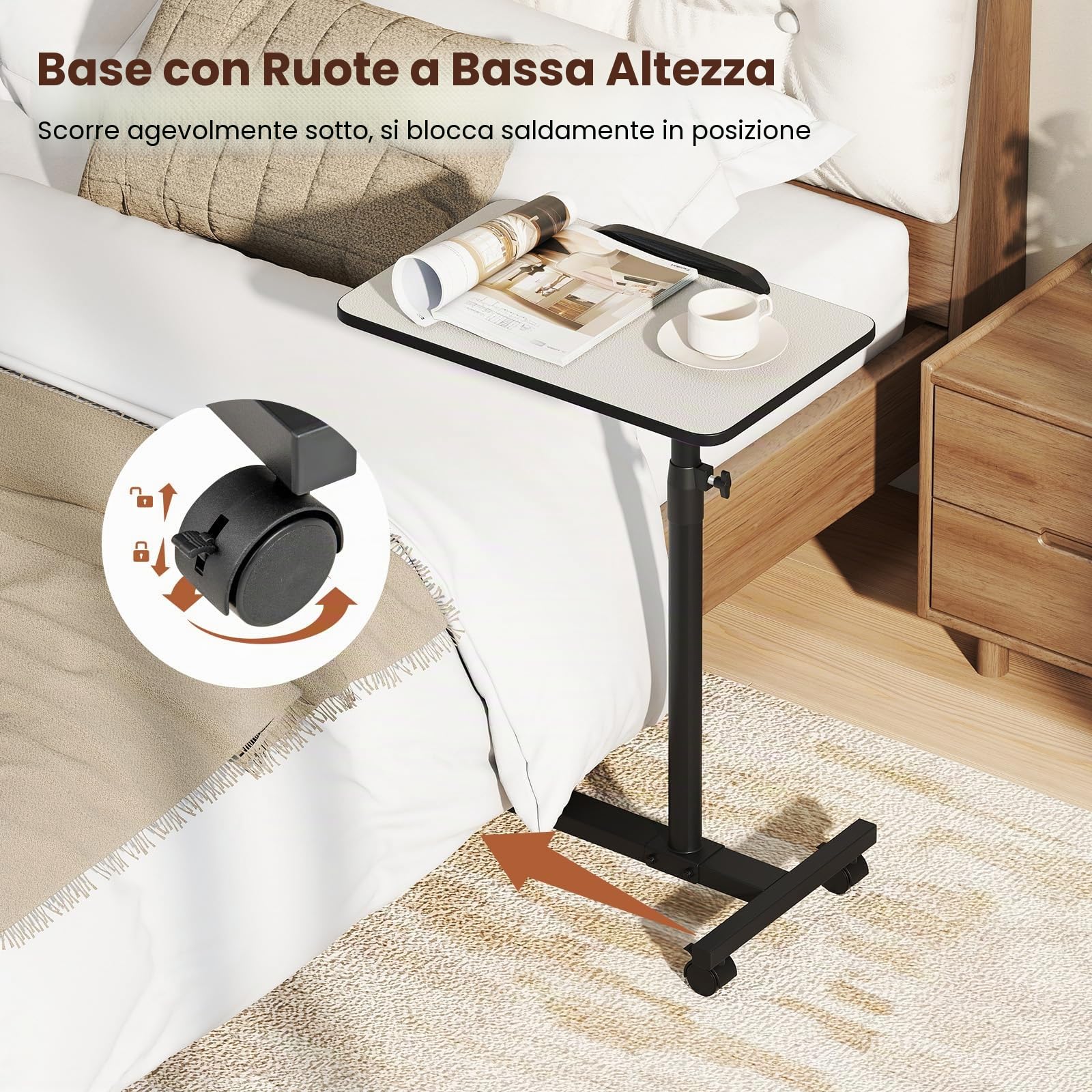 LIFEZEAL Tavolino da Letto, Divano per Mangiare, Porta PC, Tavolo Laterale Servitore, Altezza Regolabile, Piano Inclinabile e Girevole, con Ruote, Barra Anticaduta, per Anziani, Disabili, Grigio