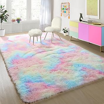 PAGISOFE 4x6 Rainbow Fluffy Soft Plush Area Rugs for Girls Bedroom, Shaggy Rugs for Kids Playroom,Kawaii Princess Fuzzy Rugs for Nursery Baby Toddler,Cute Colorful Room Decor for Teenage