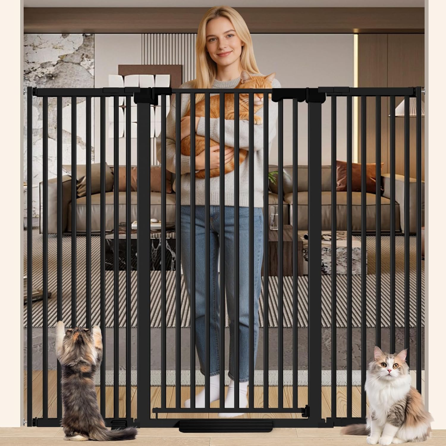 51" Extra Tall Cat Gate for Doorway/Hallway, 30-62.5" Wide，Pressure Mounted Pet & Dog Gates Walk Through, Cat Fence Indoor No Drilling，Auto Close,Black