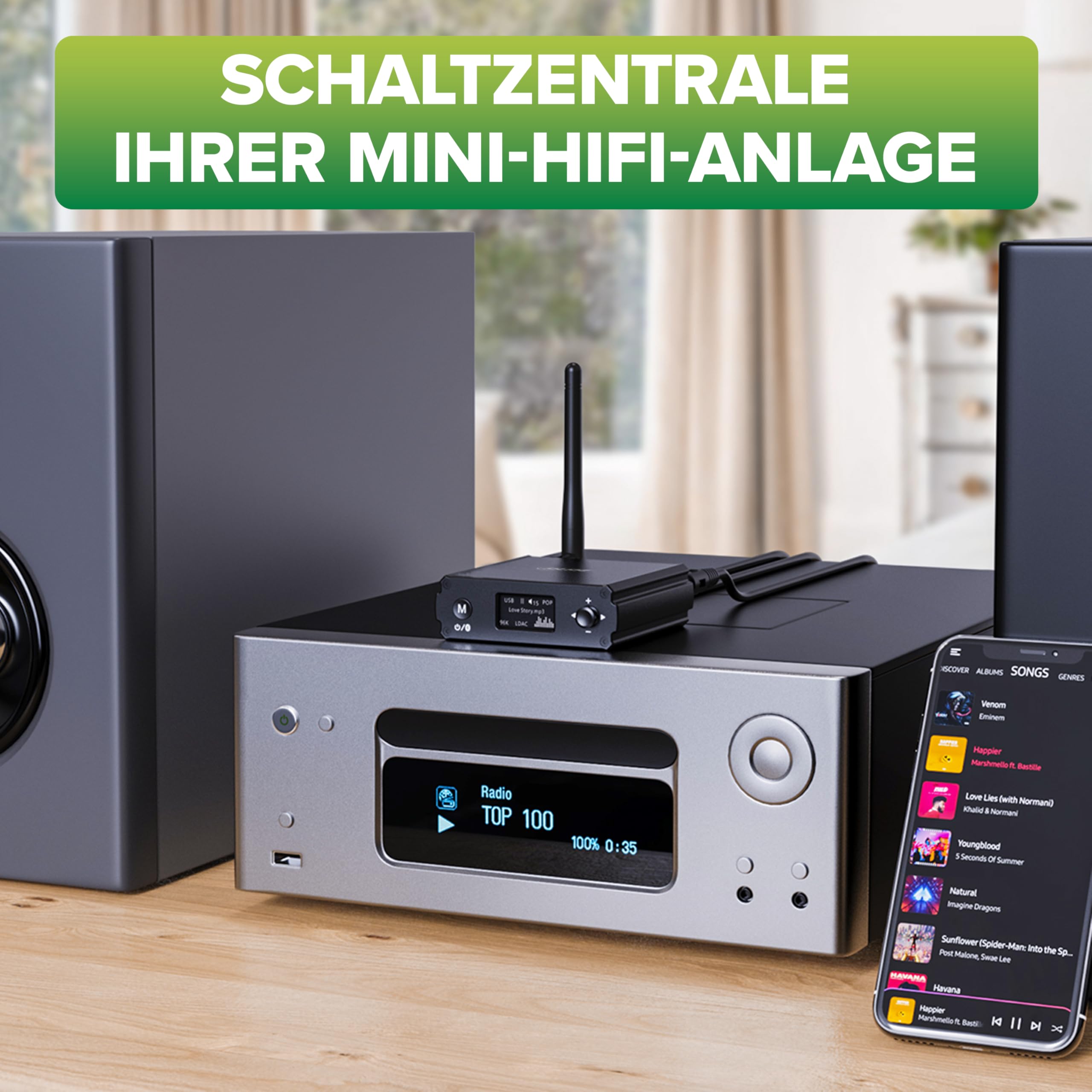 Inline Bluetooth 5.1 HiFi Audio Receiver, Empfänger, USB-C, Cinch Stereo, optischer Toslink Anschluss, Lautstärkeregler, 7 Equalizer-Profile, OLED-Display, bis zu 30m Reichweite, 99209M