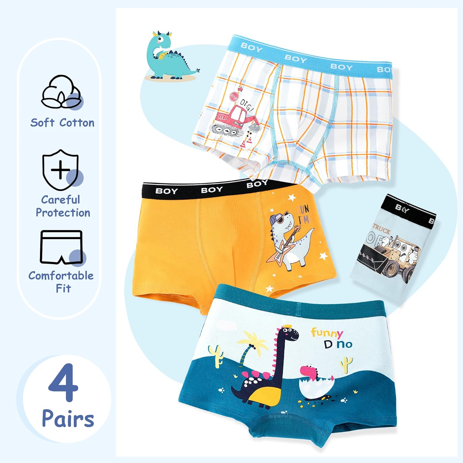 HYCLES Boys Cotton Boxer Briefs Cartoon Dinosaur Spaceman Duck Toddler Kids Underwear 4 Pack, 2-12 Years - Image 3