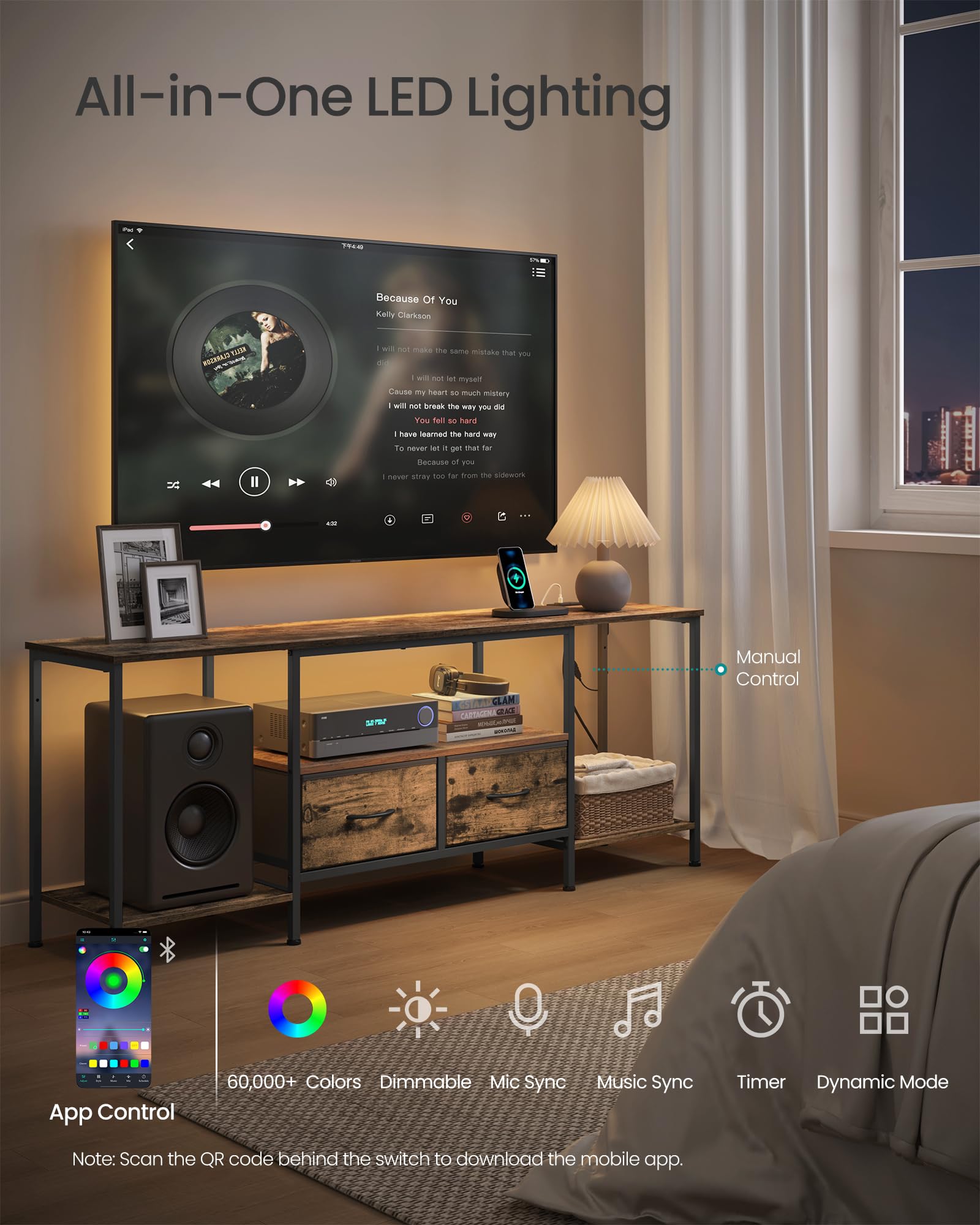 SONGMICS BELLAH Collection - TV Stand with Power Outlets and Lights, Entertainment Center Media Console for TVs Up to 178 cm, Living Room, Shelves, Drawers, Industrial, Rustic Brown ULGS420K101 - 4