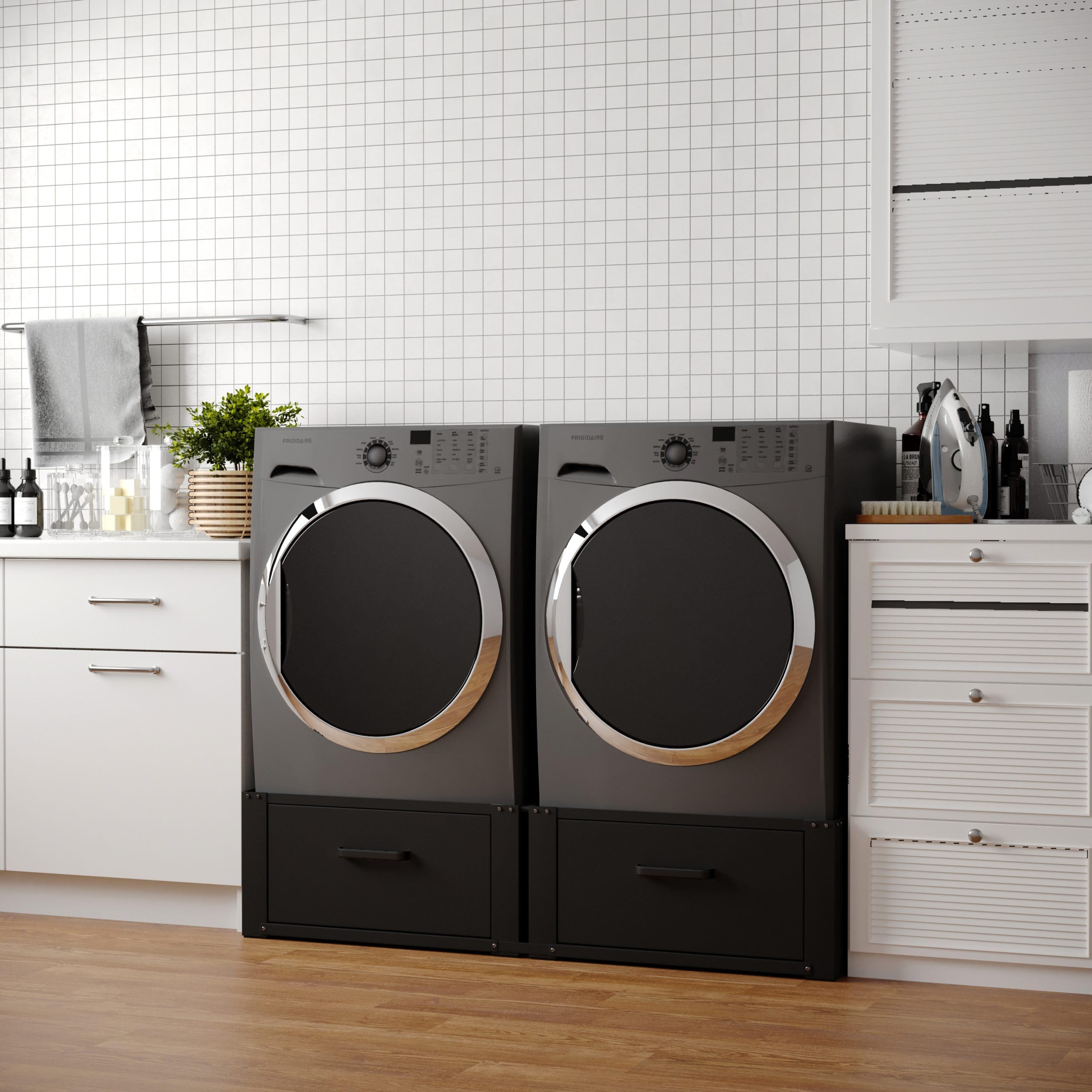 Lavadora elevadora con cajón - Muebles empotrados de lavadora doble XL - Negro - Universal - 63 * 63 (LxB) - Soportes de pared incluidos