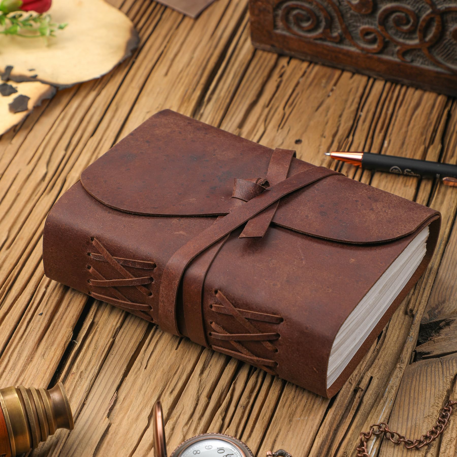 Fausta Vintage Leather Journal with Flap, Brown, 8 x 6 inches - Image 2