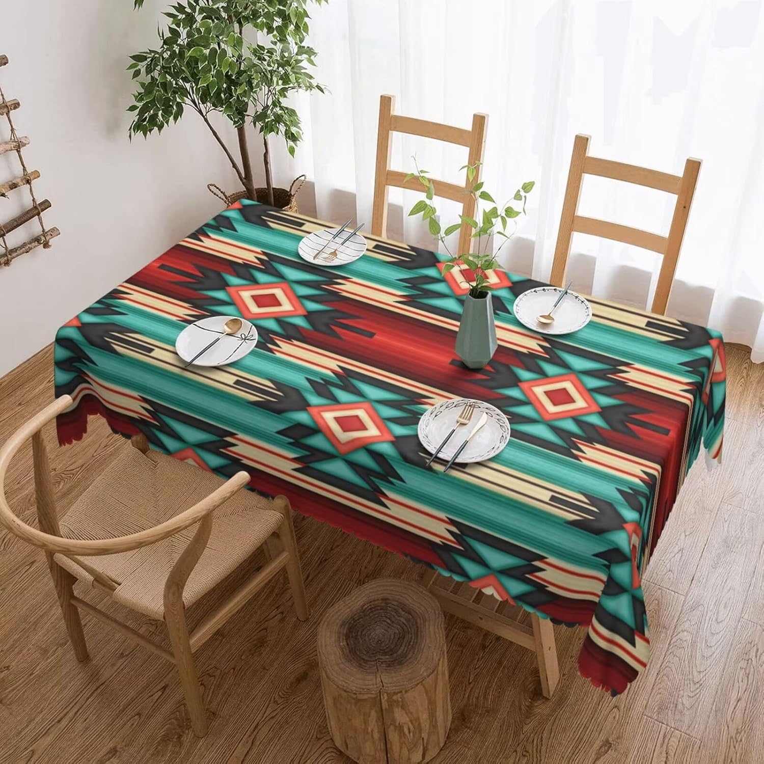 Navajo Western Rectangle Tablecloth Southwestern American Ethnic Aztec Print Table Cloths Green Red Geometric Stripe Washable Table Cover for Home Kitchen Dining Party Decor 54 x 72 Inch