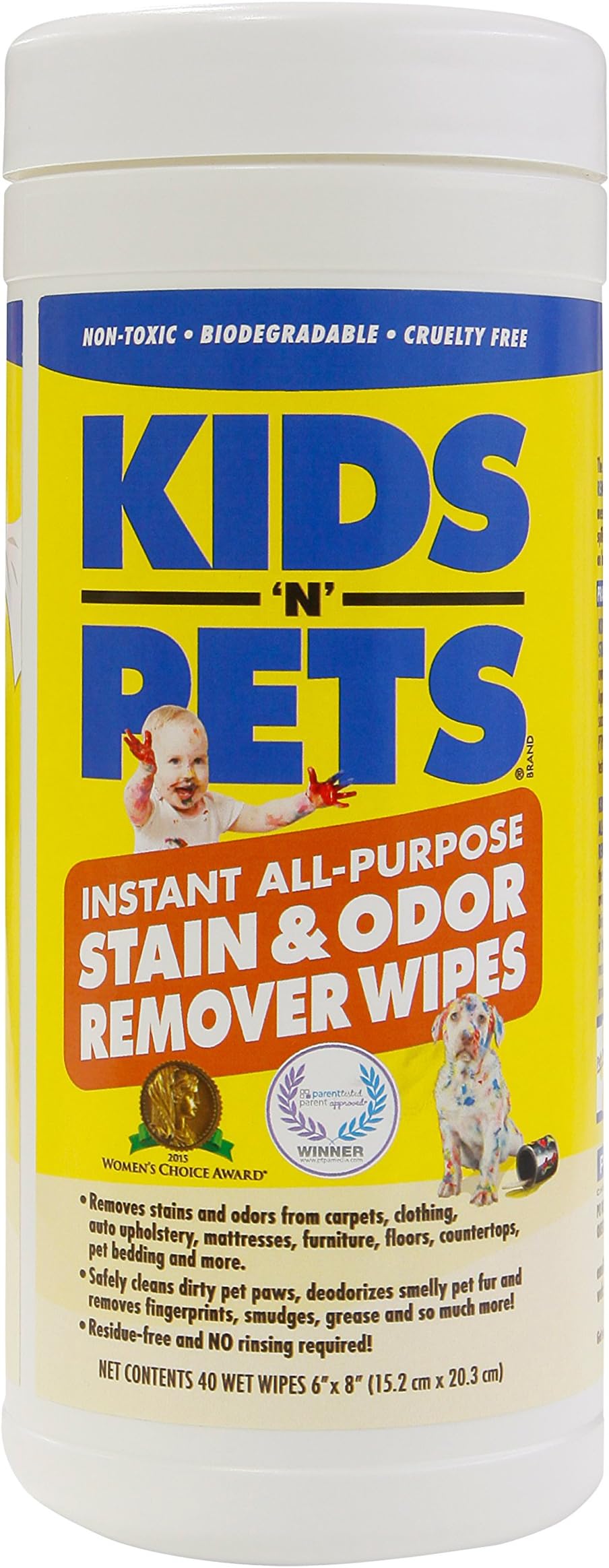 KIDS 'N' PETS Instant Stain and Odor Remover Wipes, 40 Count