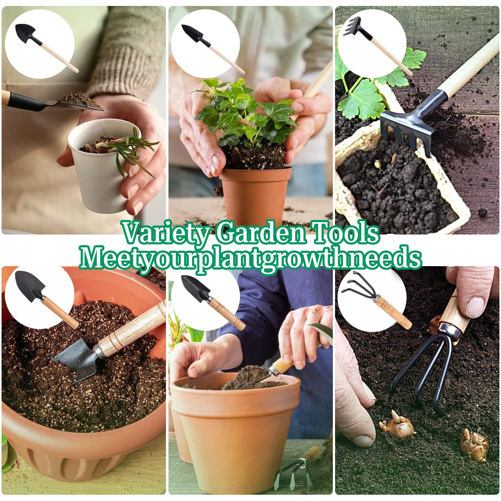 Mini Herramientas de Jardín 7 Piezas Juego de Herramientas Hierro con Mango de Madera Mini Jardín Planta Herramienta Pala Jardín Herramientas Manuales para Bonsái, Plantas y Flores en Maceta