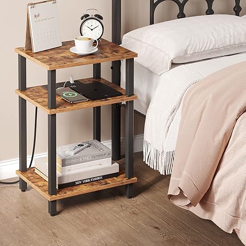 Miniatura 8 de TUTOTAK Juego de 2 mesas auxiliares con estación de carga, mesa auxiliar con puertos USB y tomacorrientes, mesita de noche, estante de