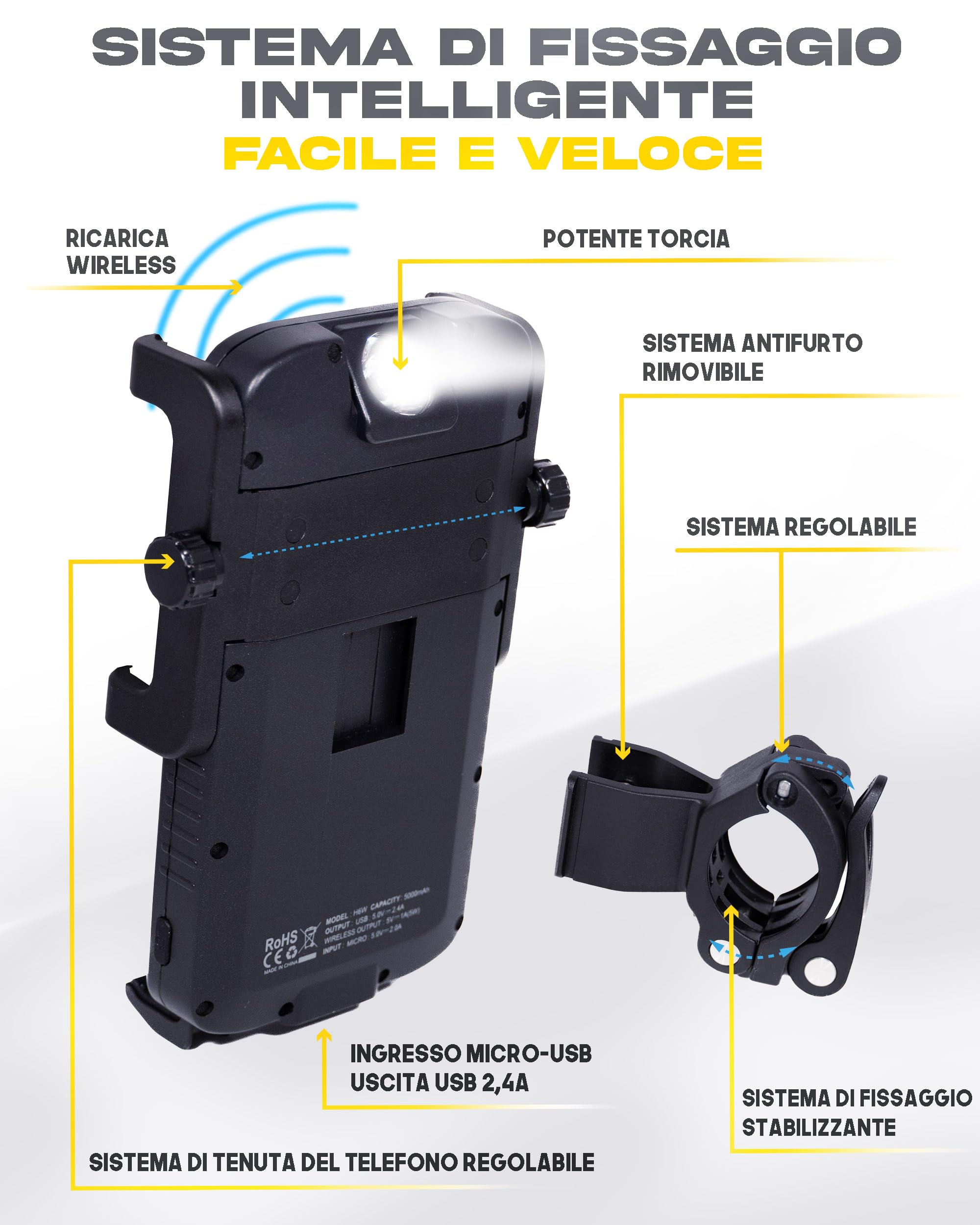 Sunslice Supporto per bicicletta con power bank integrato e luce LED.