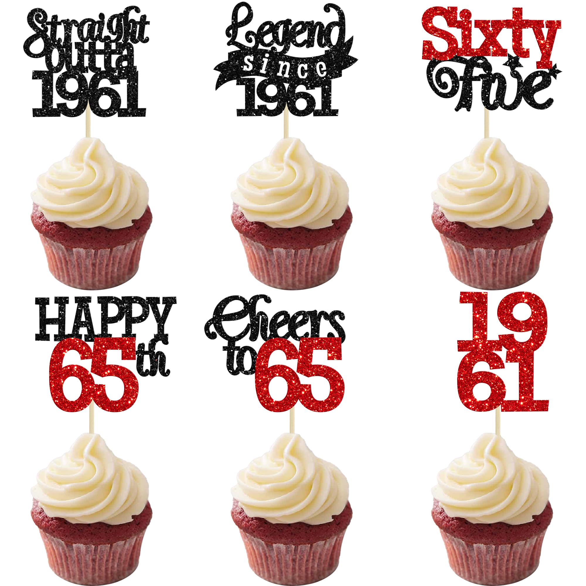 Gyufise 24Pcs Happy 65th Birthday Cupcake Toppers Hello Sixty Five Legend Since 1961 Cupcake Picks Cheers to 65 Years Cake Decorations for 65th Birthday Anniversary Party Supplies Black Red