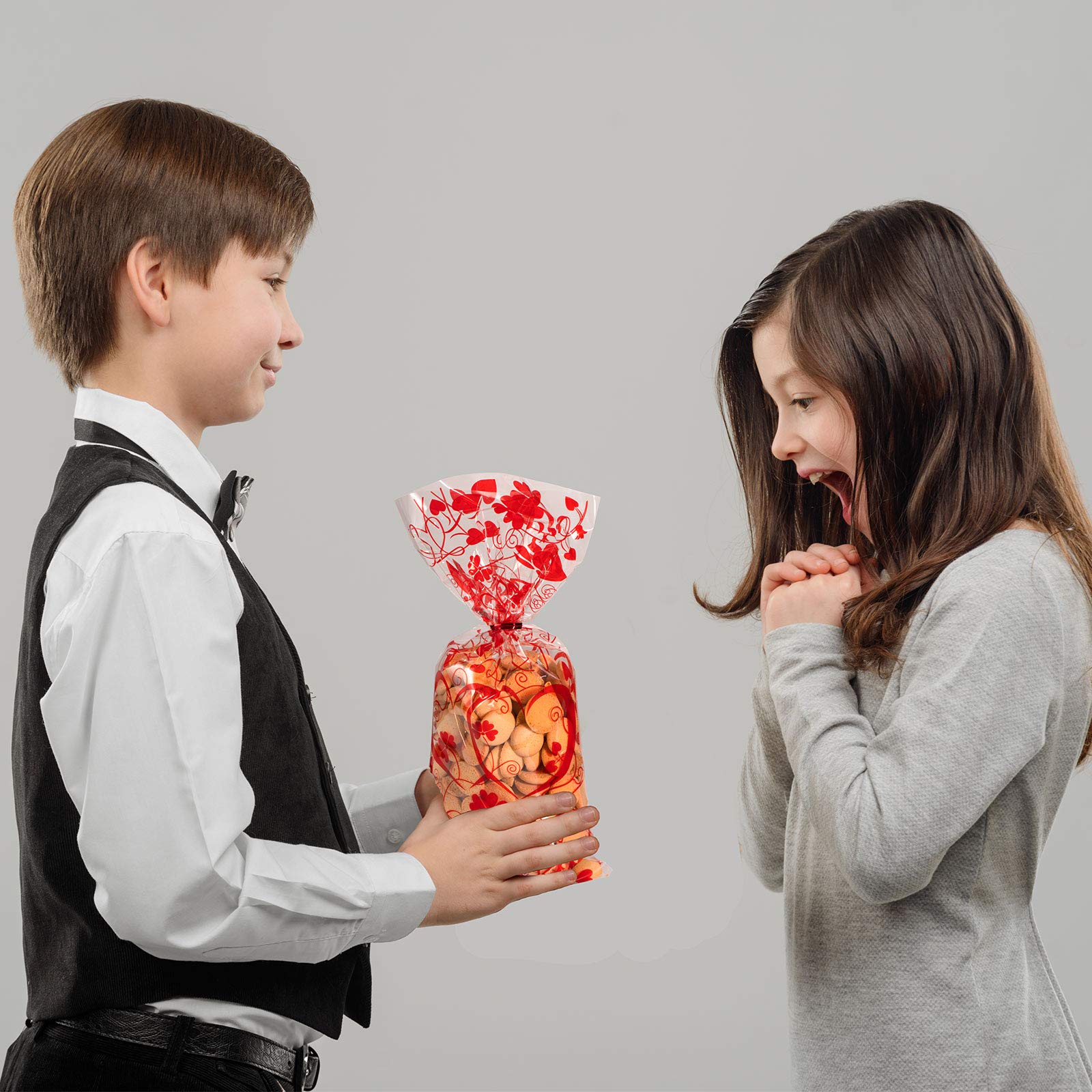 Whaline Zellophanbeutel Für Valentinstag – 150 Stück, 6 Designs, Mit Bindedraht, Rot, 13 X 29 Cm